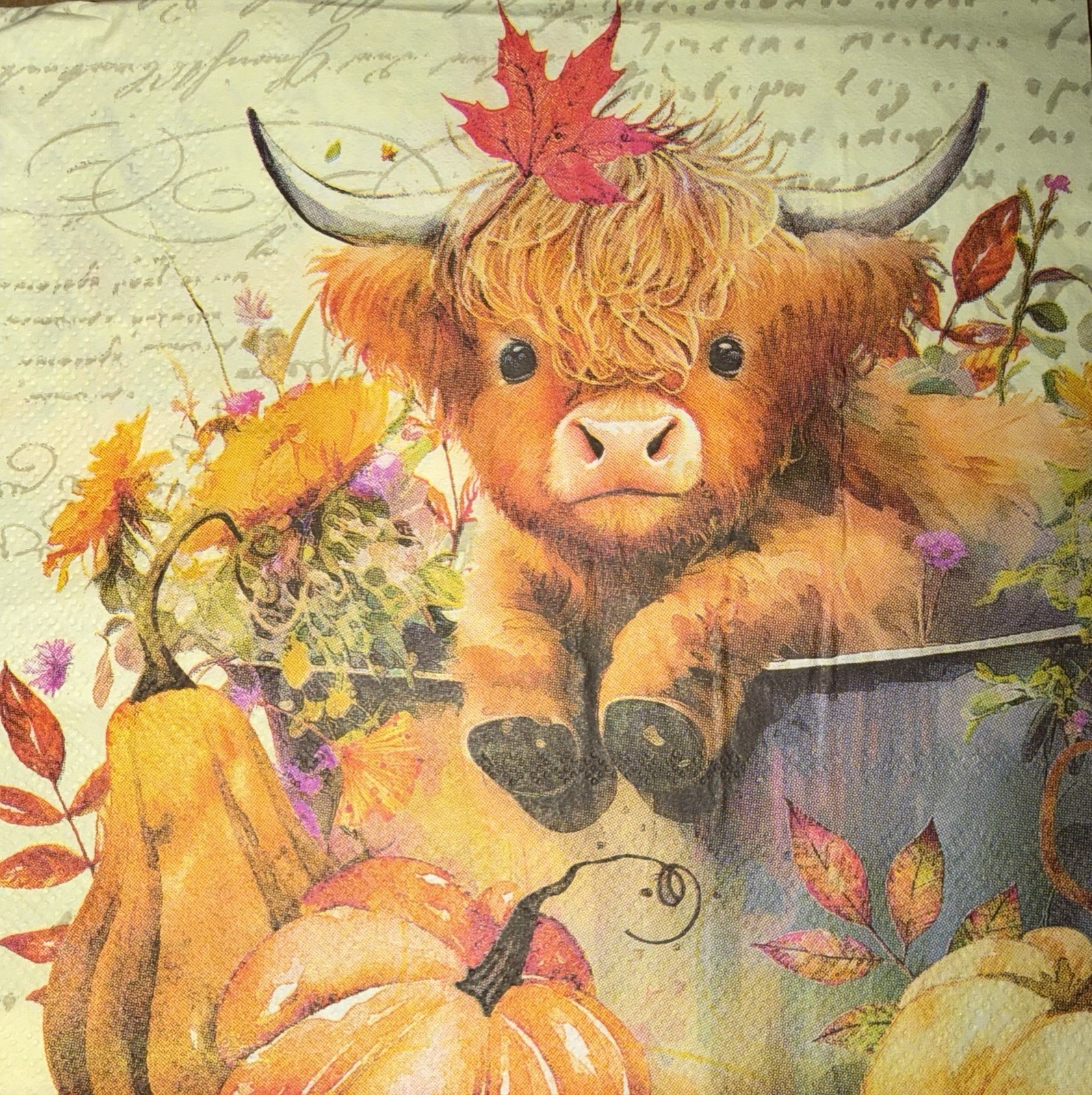 TWO Paper Lunch Napkins Decoupage/Autumn/Fall Sunflower/pumpkin/highland Cow 6.5