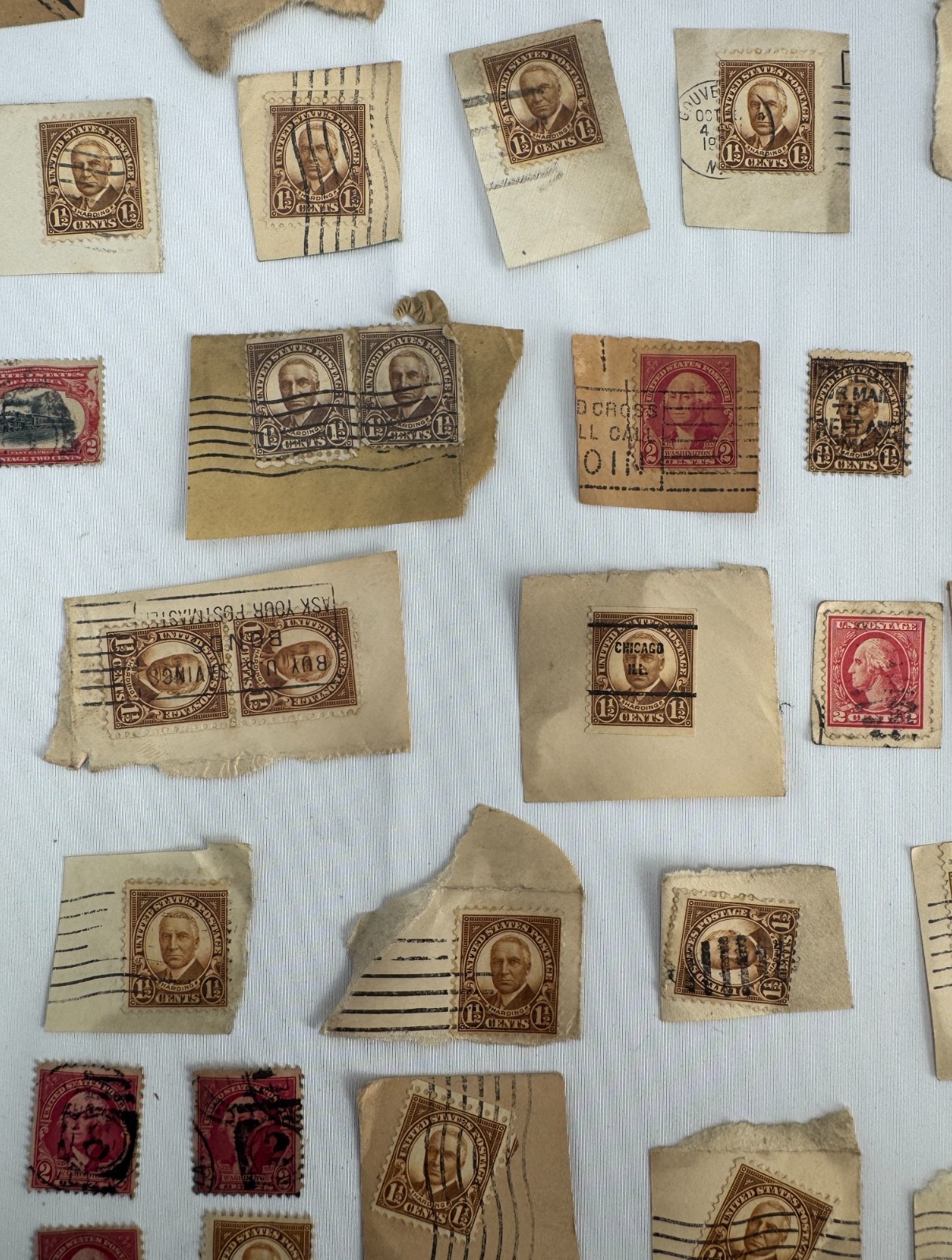 Vintage U.S. Postage Stamp Kiloware Lot on Paper Harding 1 half, Washington 2c