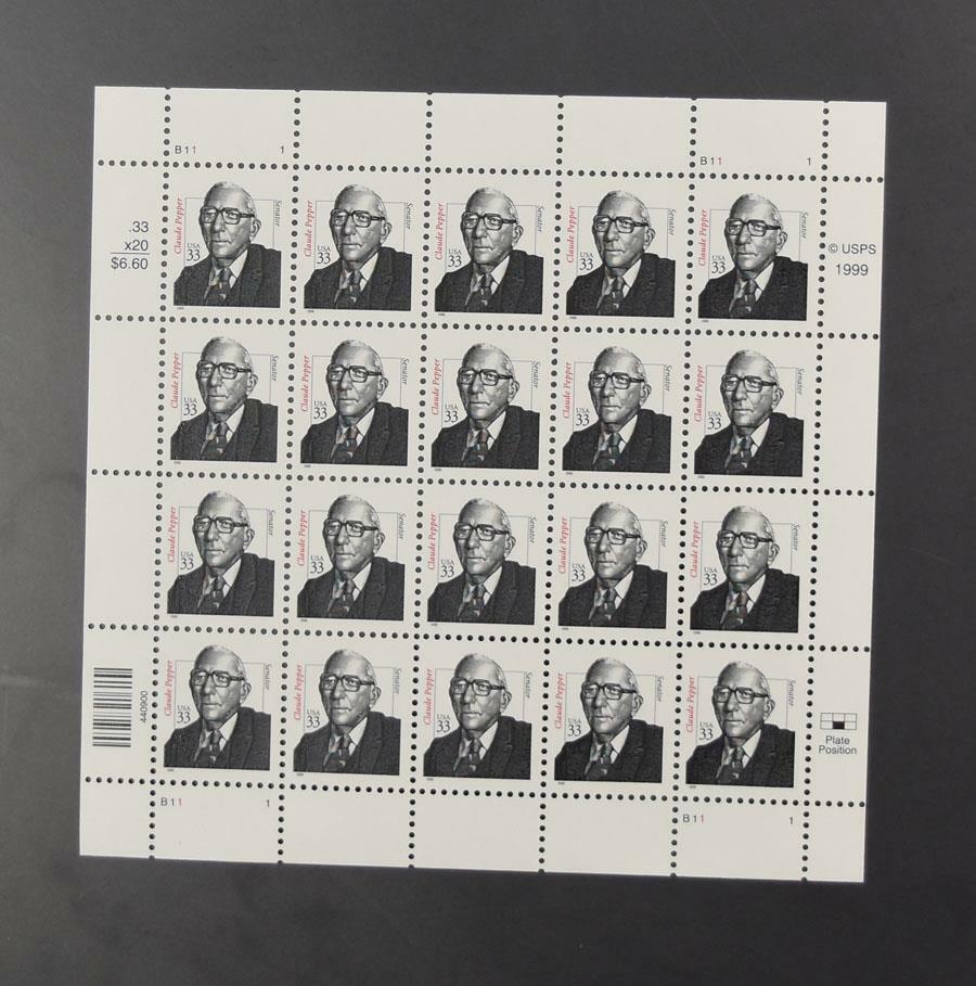 US SCOTT 3426 PANE OF 20 CLAUDE PEPPER STAMPS 33 CENT FACE MNH