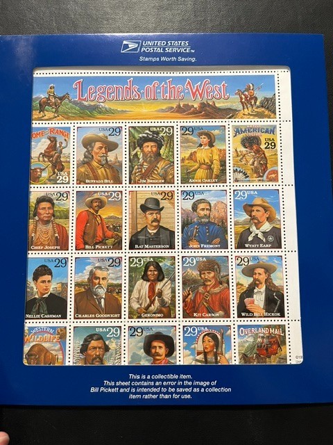 USPS 1994 Legends of the West ERROR. 29c sheet of 20. Sealed Bill Pickett error.