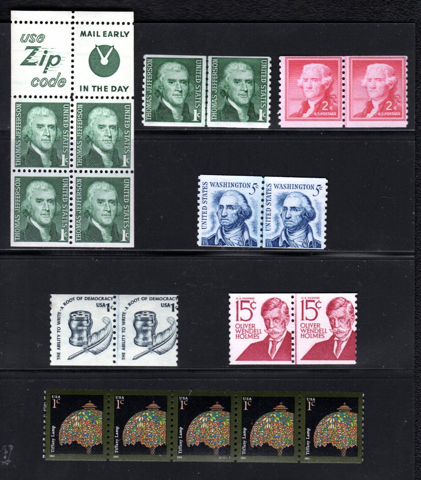 US Stamps – 1 Booklet Pane (SC# 1278b) 1¢ Plate # Strip of 5 & 5 Coil Line Pairs