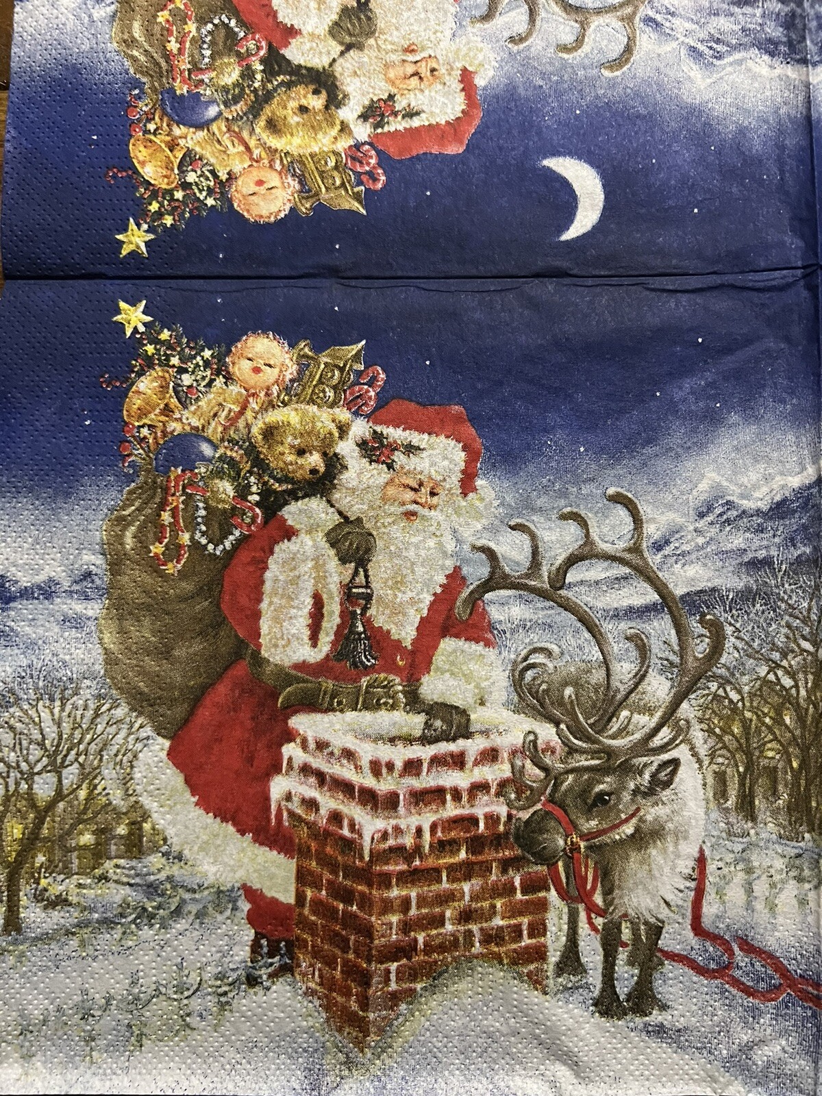 Two Christmas Santa On Christmas Eve/reindeer Decoupage Lunch Paper Napkins 6.5”