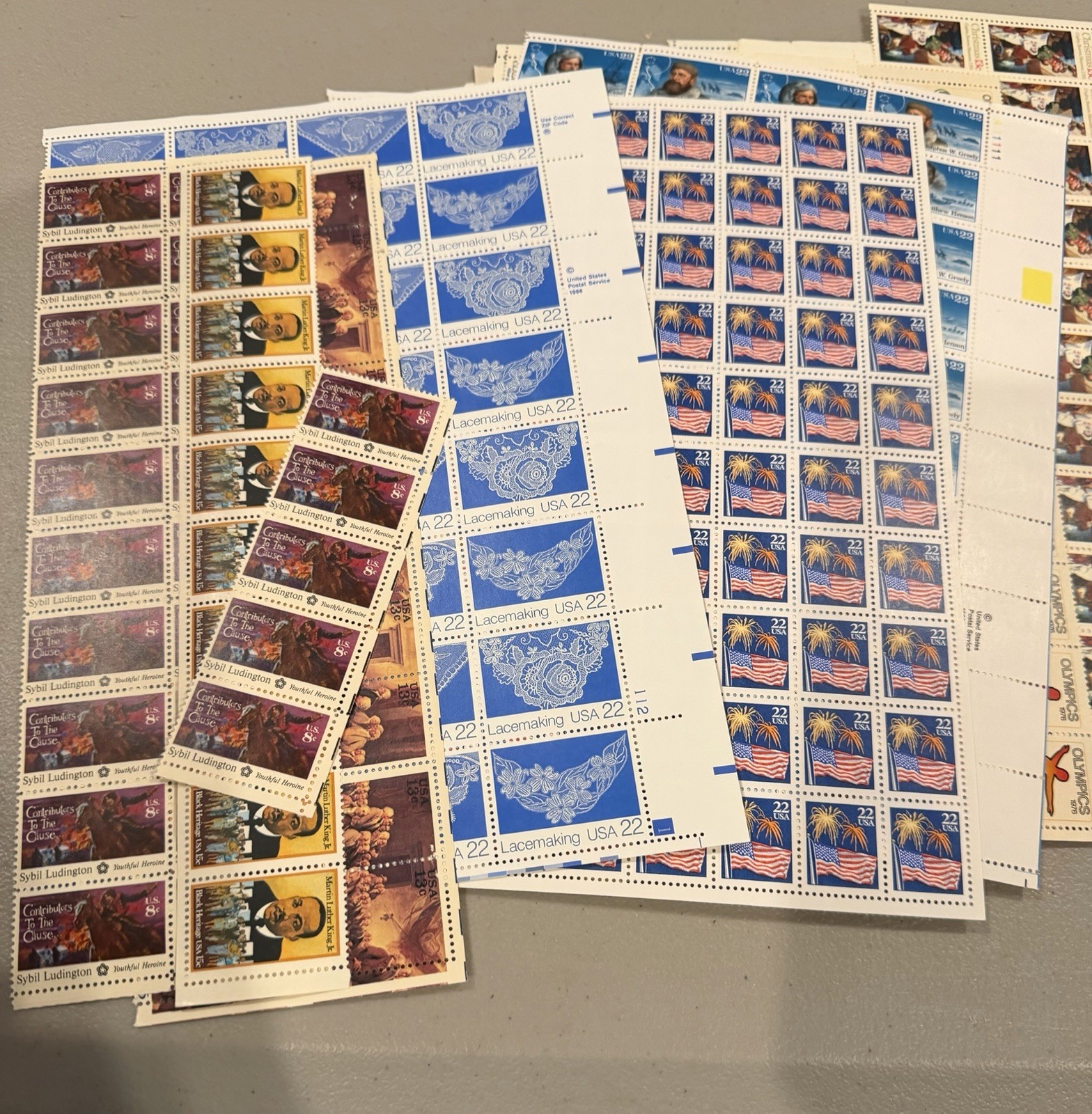 Lot of US STAMP PARTIAL SHEETS $234.13 FACE VALUE ALL FULL GUM POSTAGE!