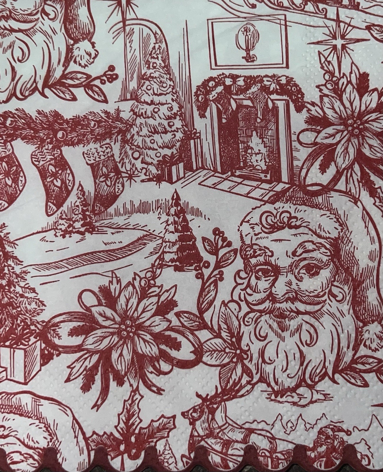 Three Paper BEVERAGE Decoupage Craft Napkins Red White Toile Fireplace Santa 5”