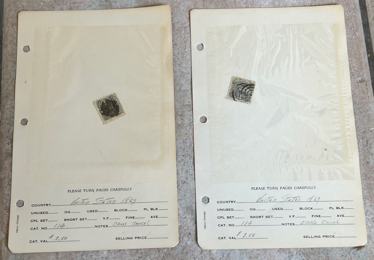 TWO 1869 US THREE CENT STAMPS ONE CROSS & ONE CIRCLE CANCEL