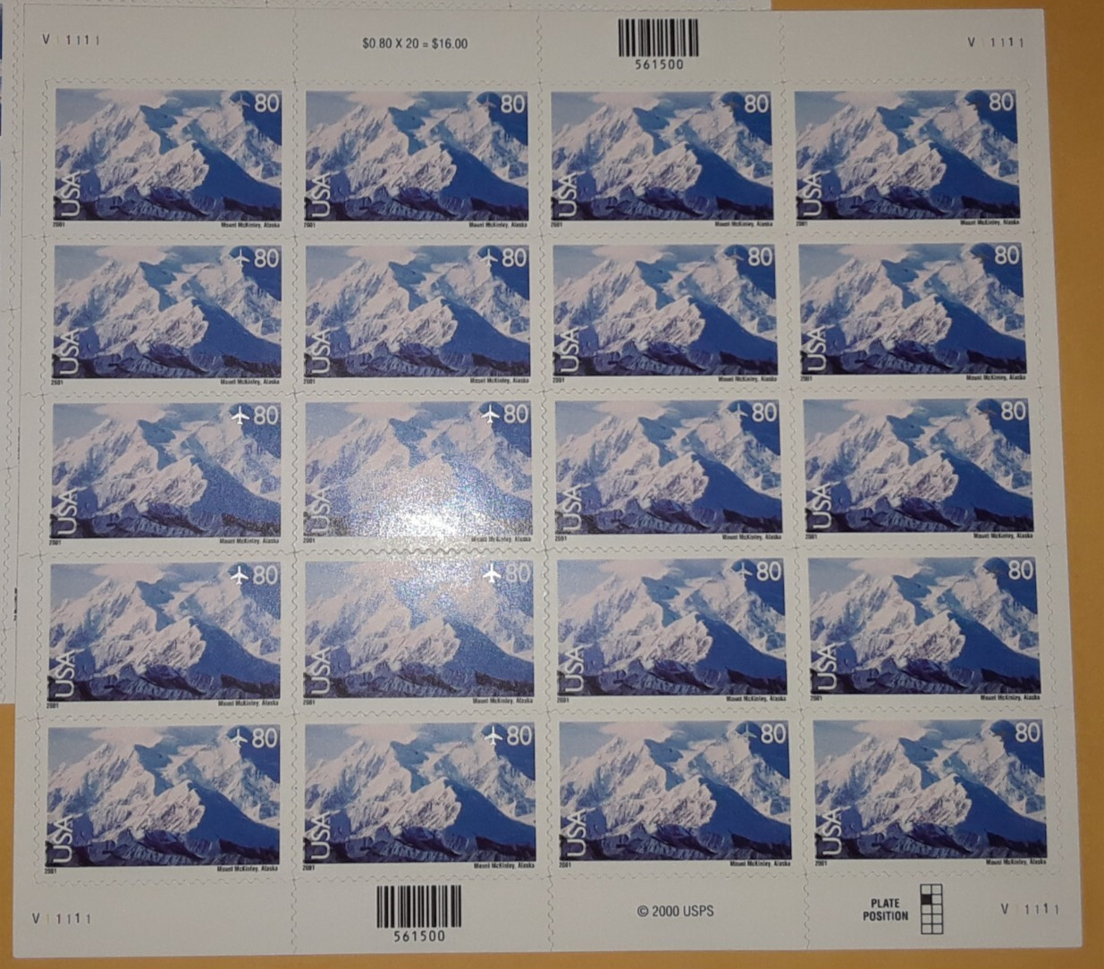 One Full Sheet x 20 of 80¢ Mount MT McKINLEY (Denali) US Stamps. USA Sc # C137