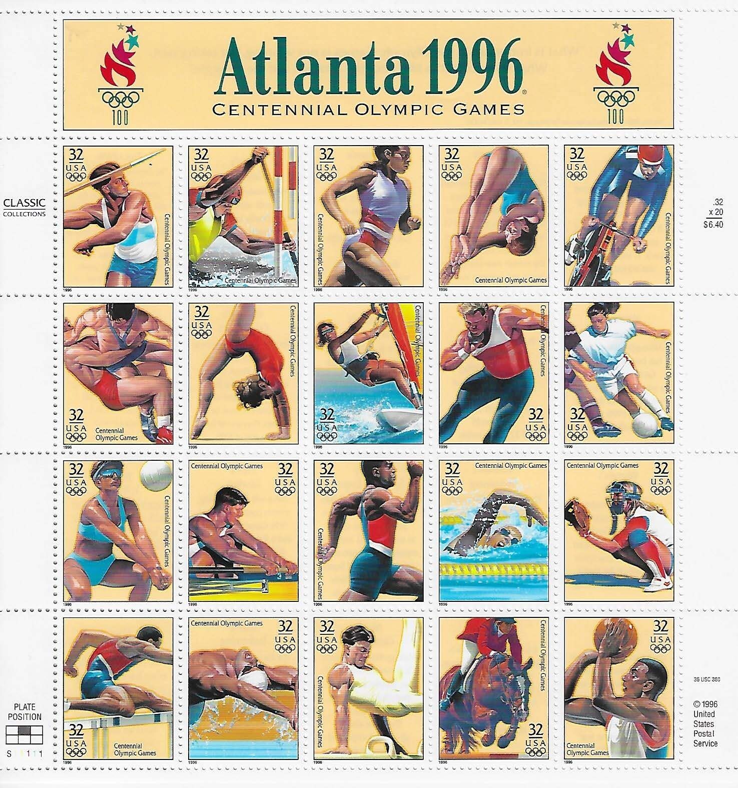 US Atlanta 1996 Centennial Olympic Games 32c Stamp Sheet Scott #3068
