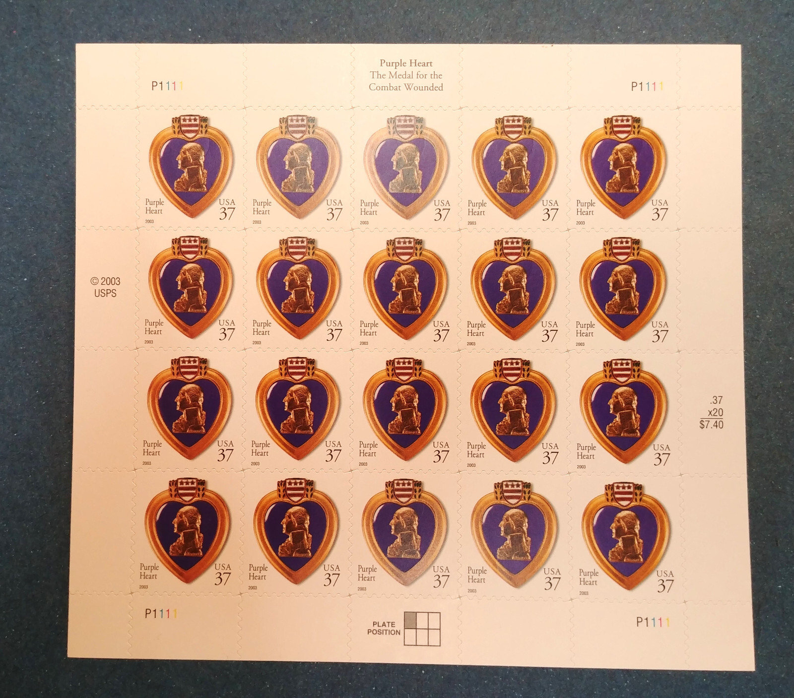 37 cent Purple Heart stamps USPS self adhesive sheet of 20 Scott #3784