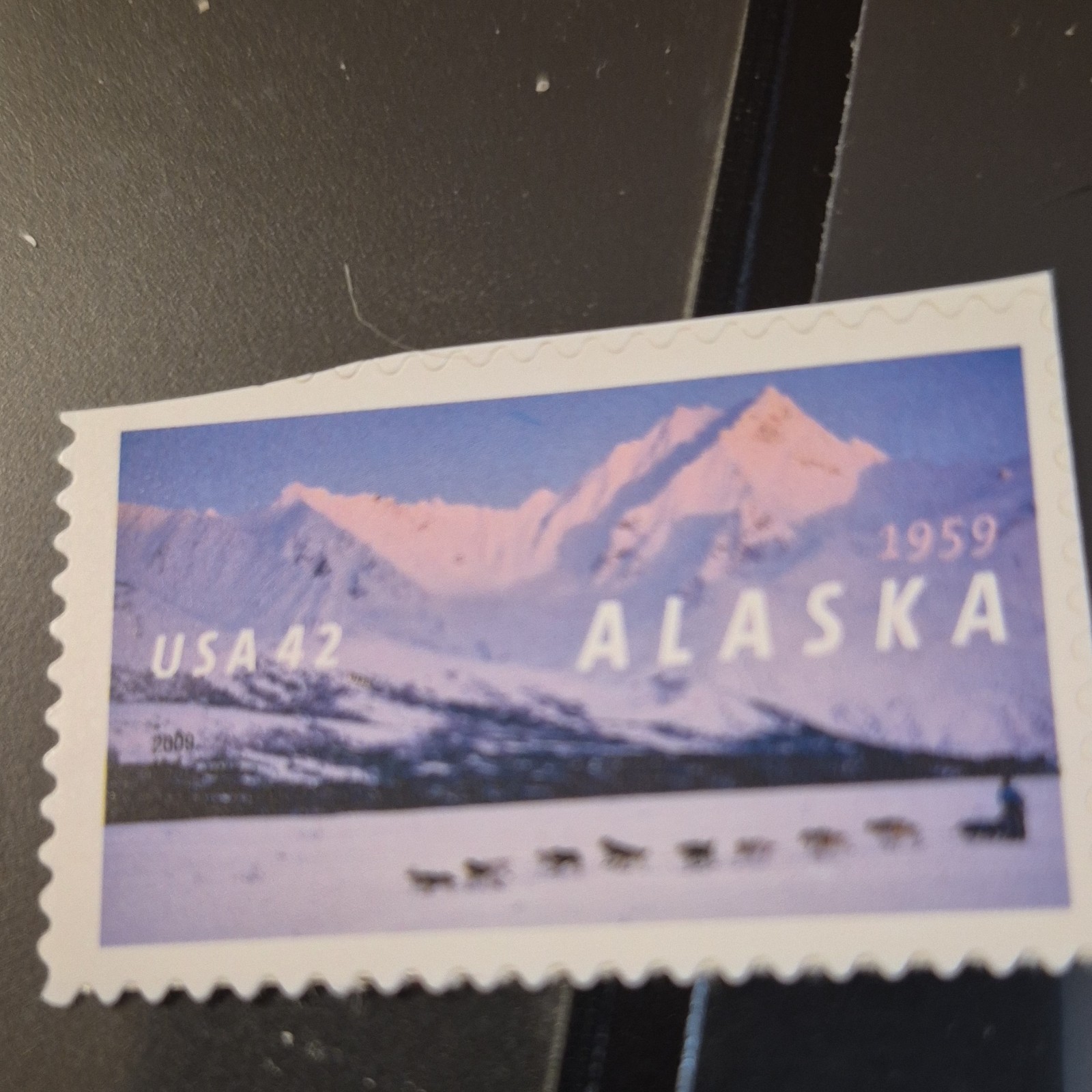 Alaska Mountains Dog Sledding 42 Cent USA Postage Stamp Blue White