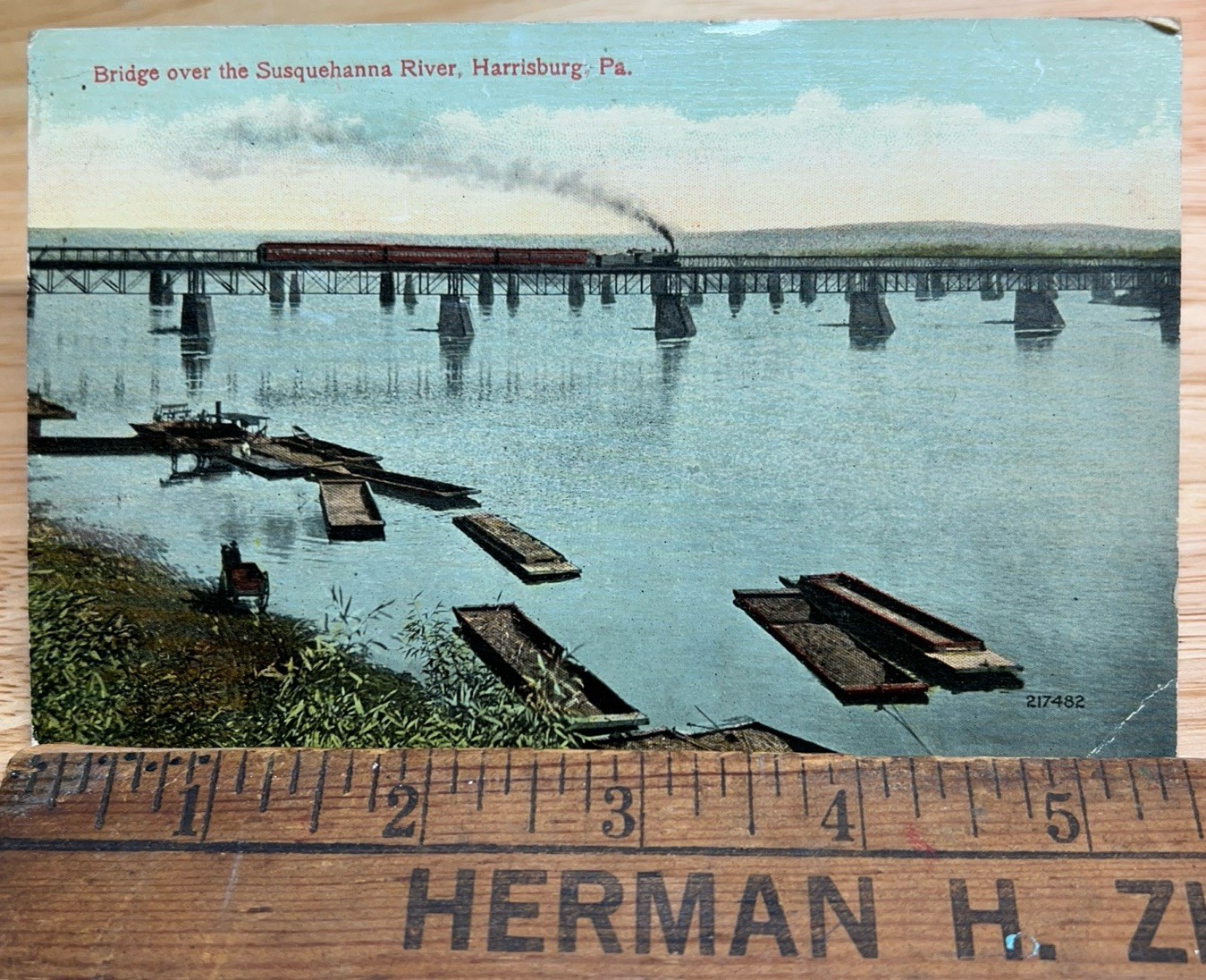 Red Two Cent Stamp On Postcard Harrisburg PA Susquehanna River Steam Locomotive