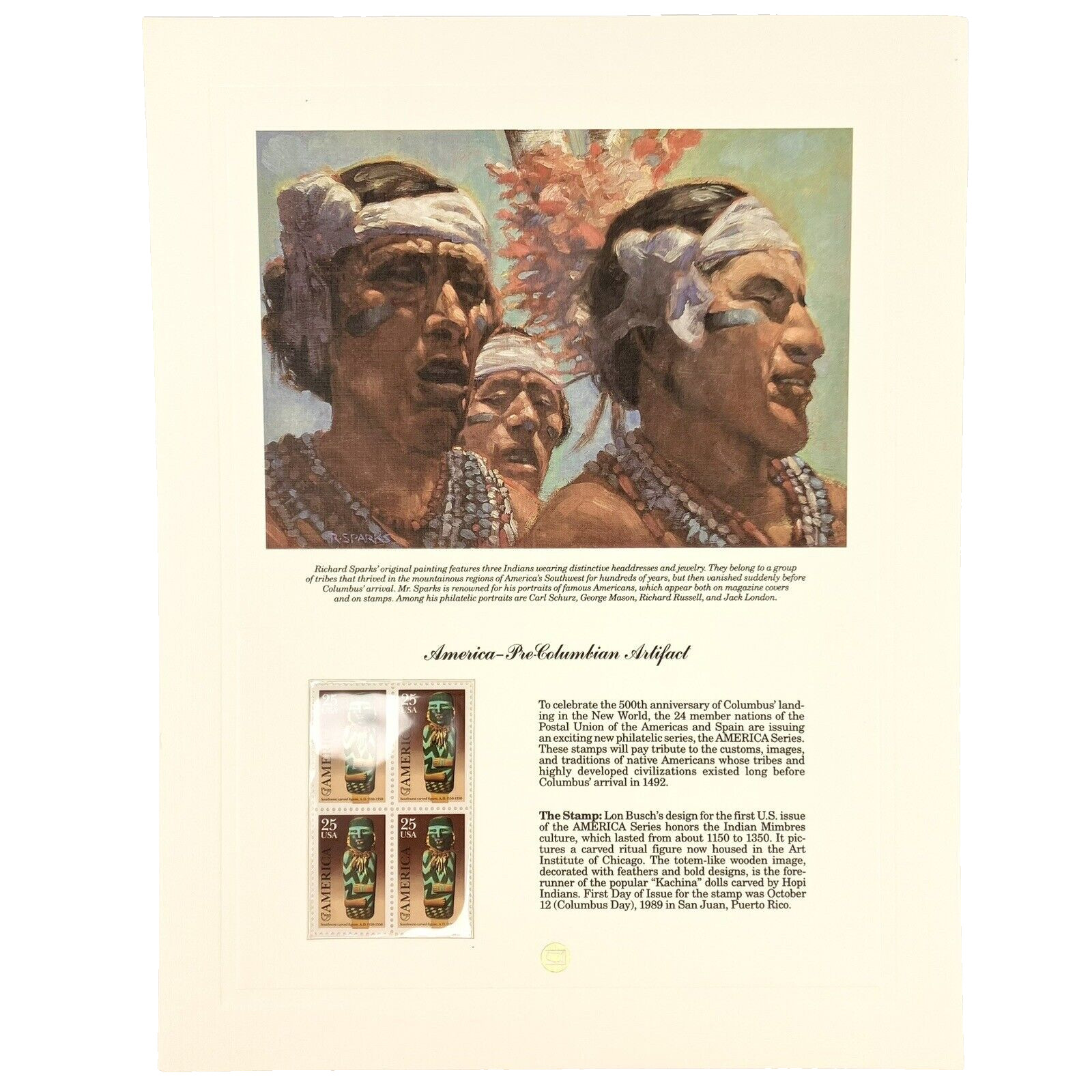 Richard Sparks Pre Columbus Native American Artifact Postage Stamp Art USPS 1989