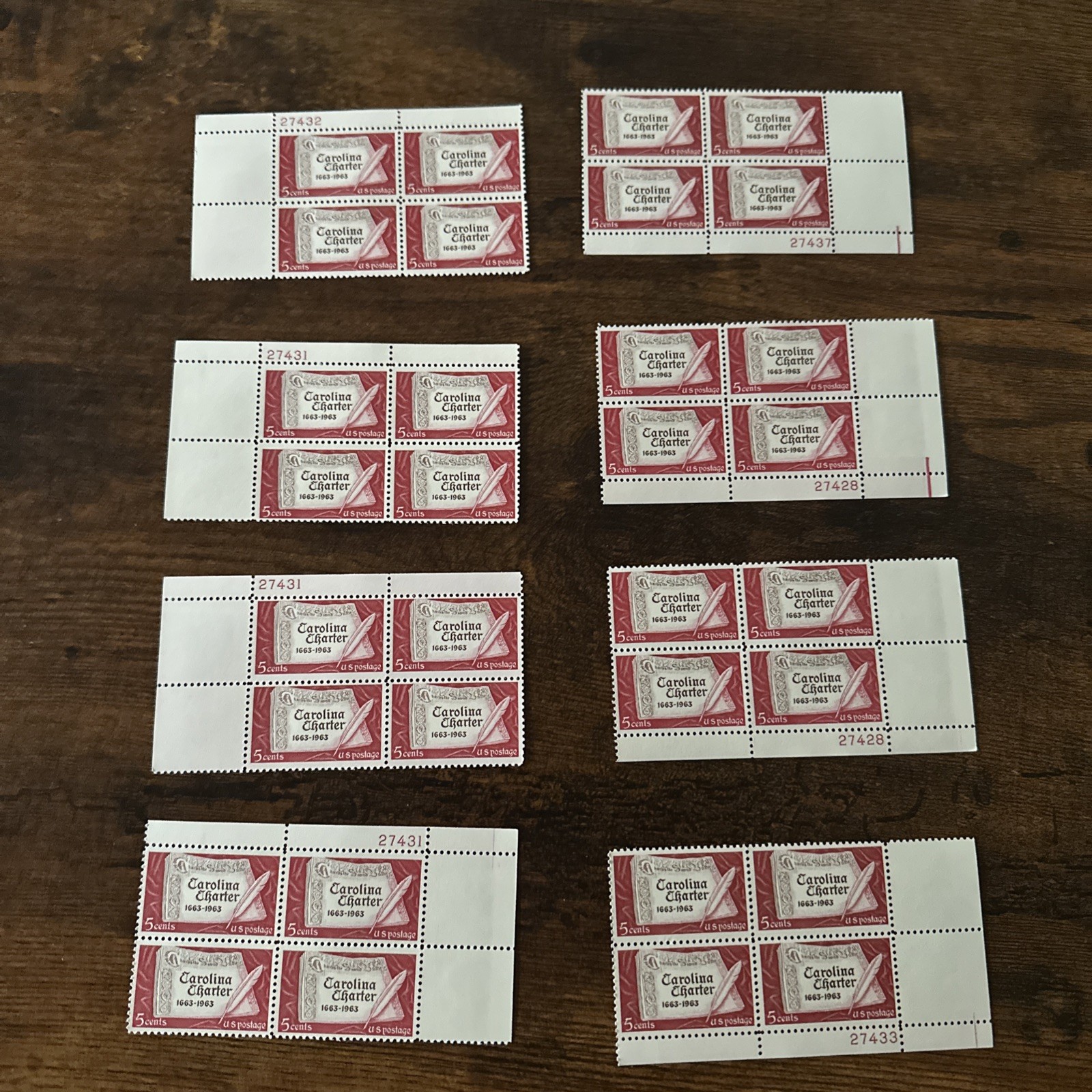 1963 US First Page of Carolina Charter 5c Plate Block of 4 Sc # 1230 MNH
