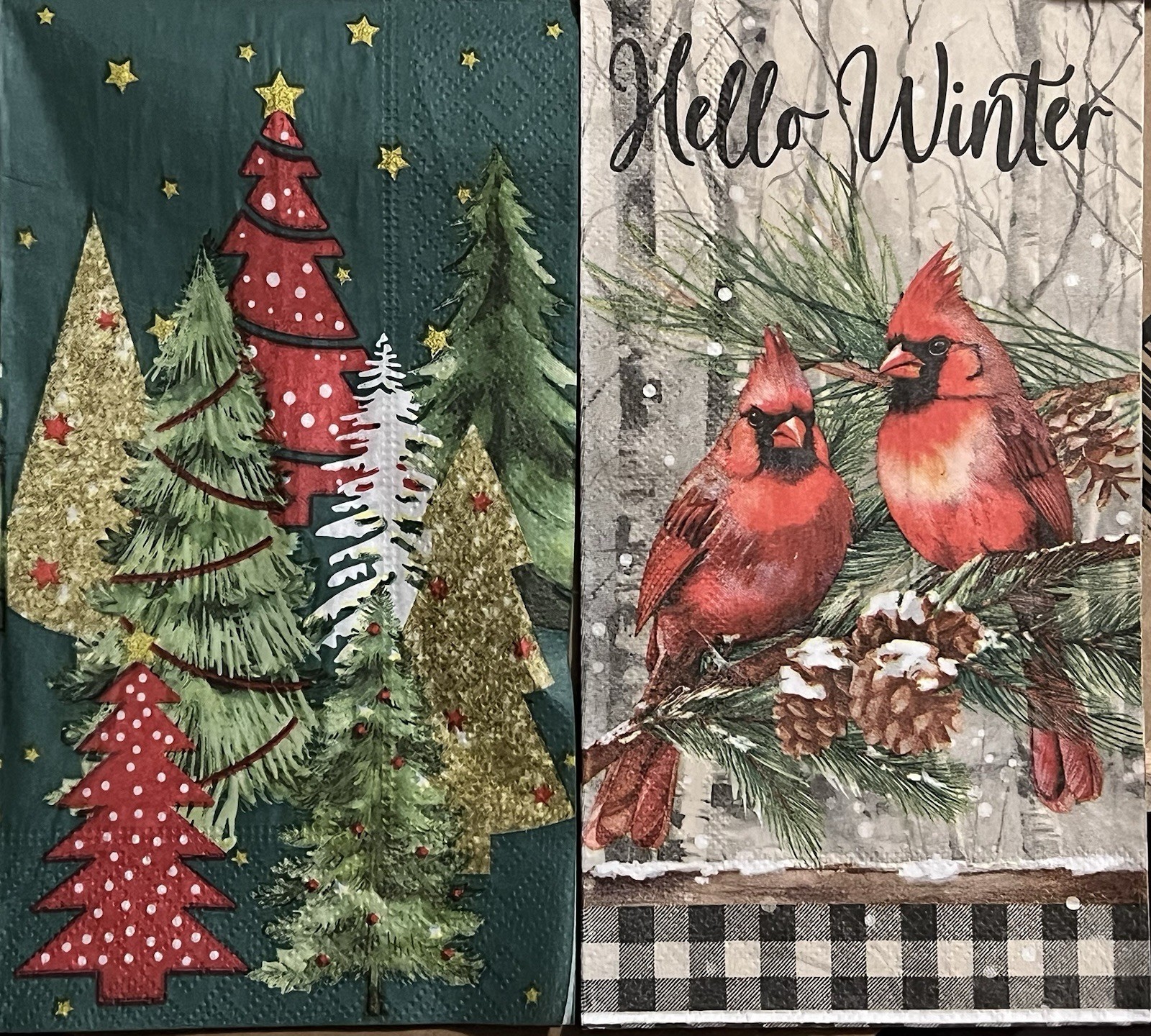 Two Individual dinner Decoupage Napkins Red Birds Snow Christmas /Trees-one Each