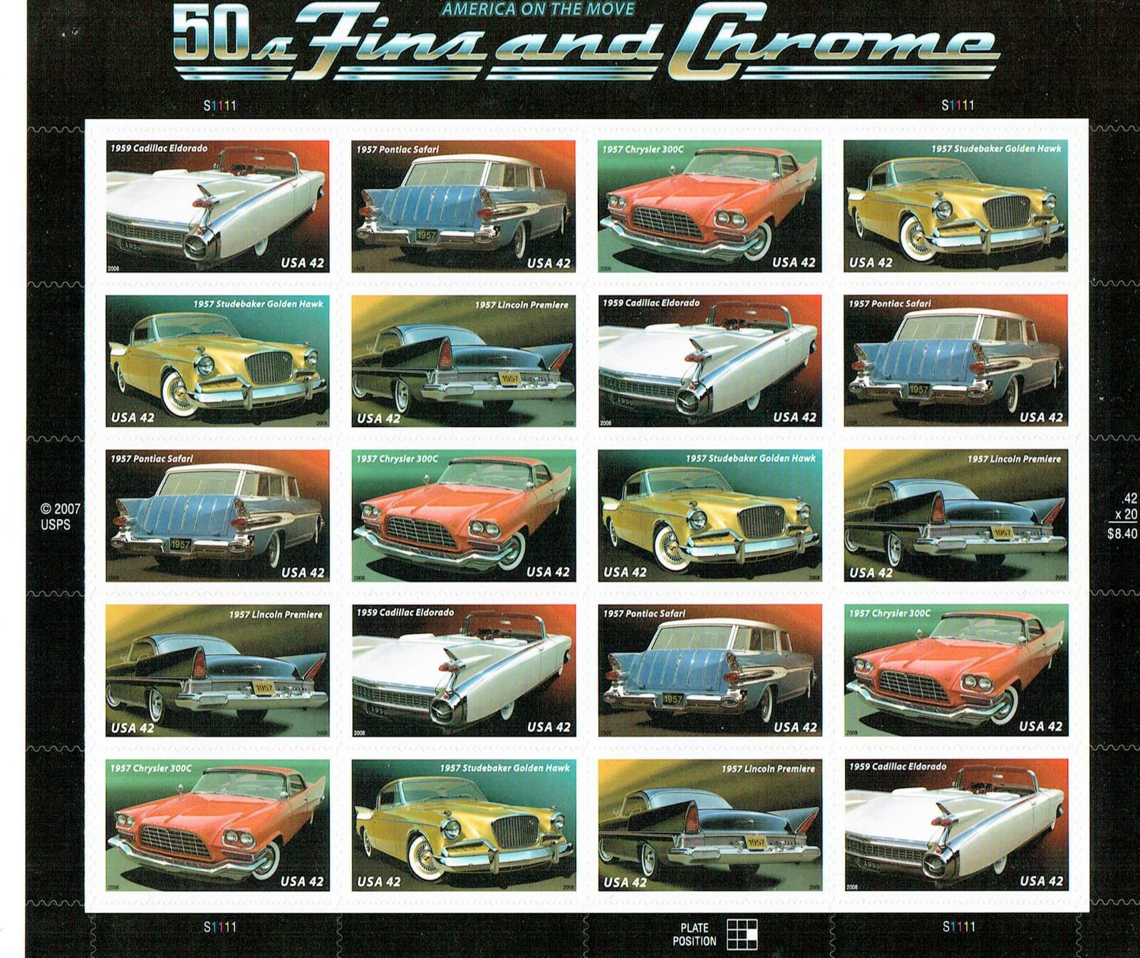 SCOTT # 4353-57-50s FINS AND CHROME-SHEET OF (20) 42 CENT STAMPS