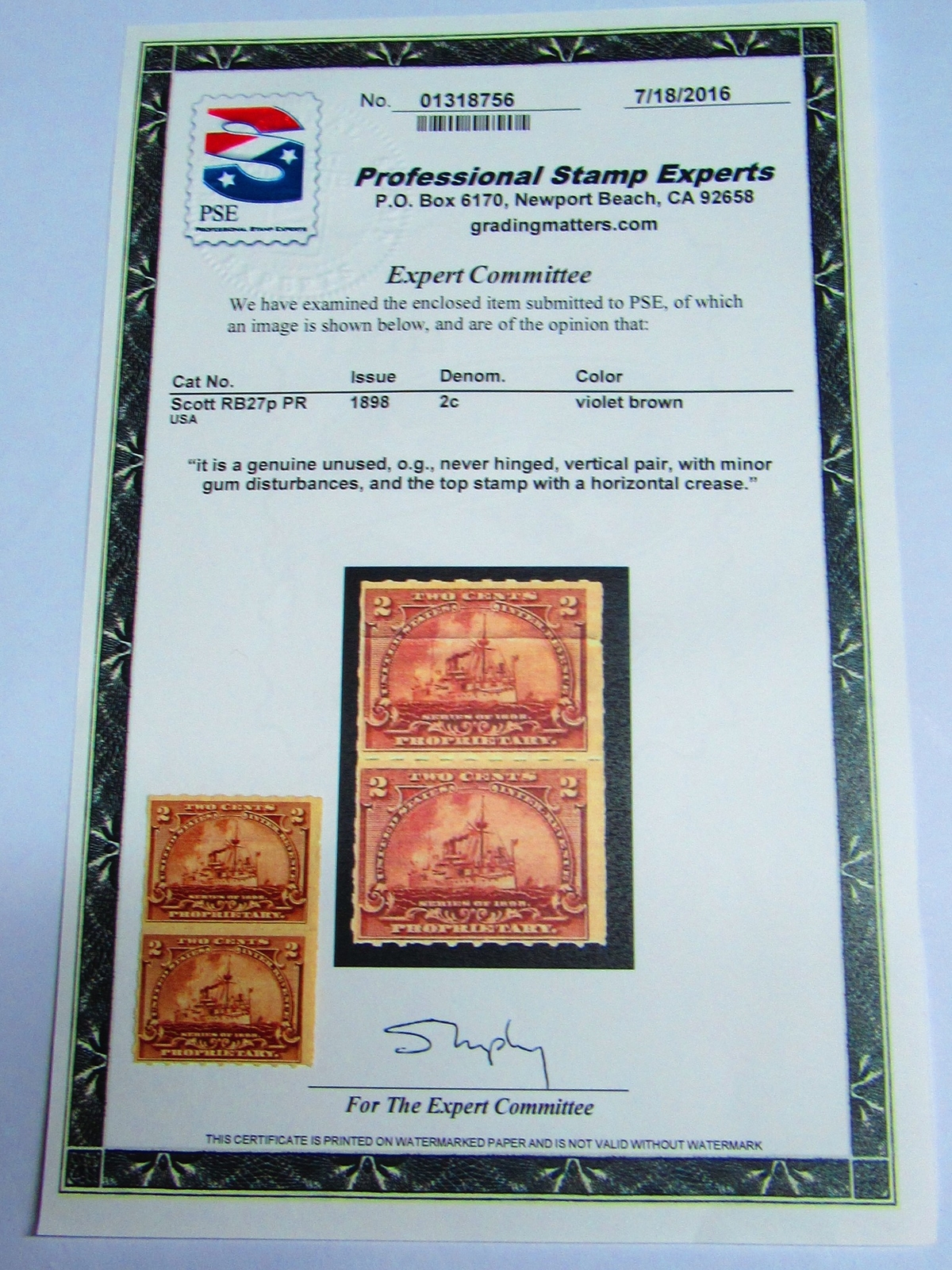 COOL PSE Certified Stamp! 1898 U.S. POSTAGE 2¢ U.S. Inter Rev Stamp STP-108-IB
