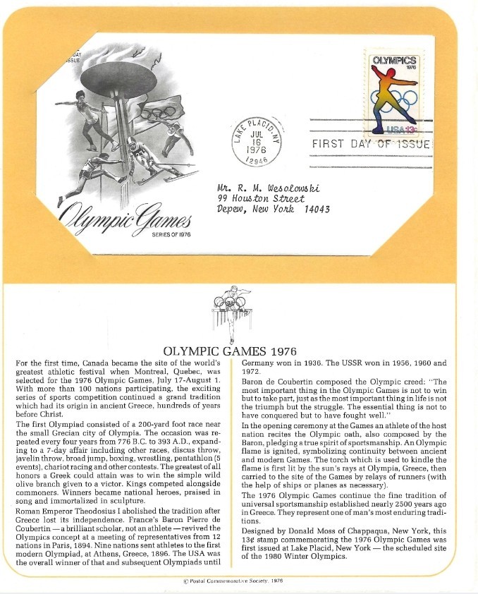 First Day Stamp Issue Olympic Games Scott 1698 Postal Commemorative Society