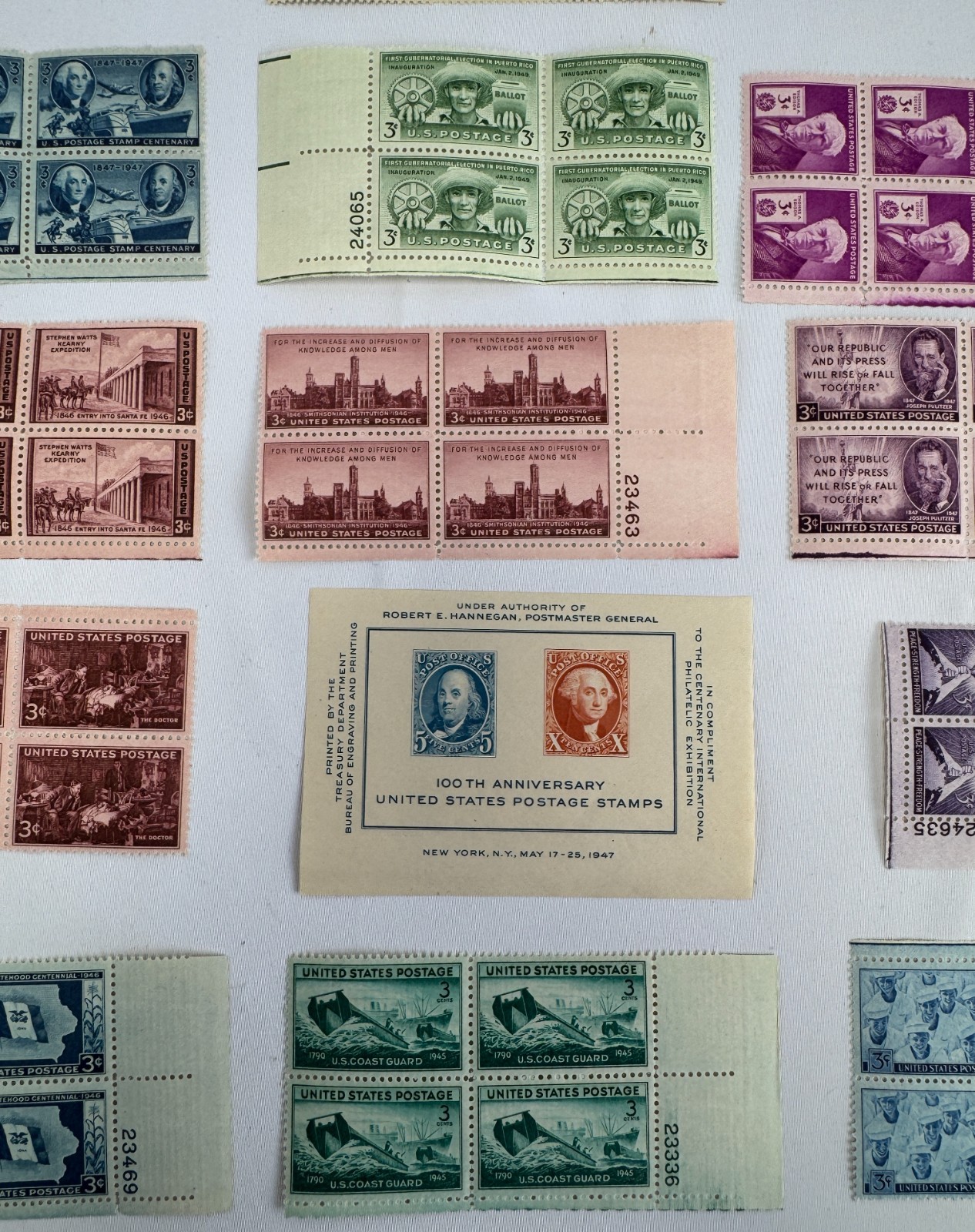 13 Mint US Plate Blocks and Souvenir Sheet 1945-1949 Post-WWII Americana