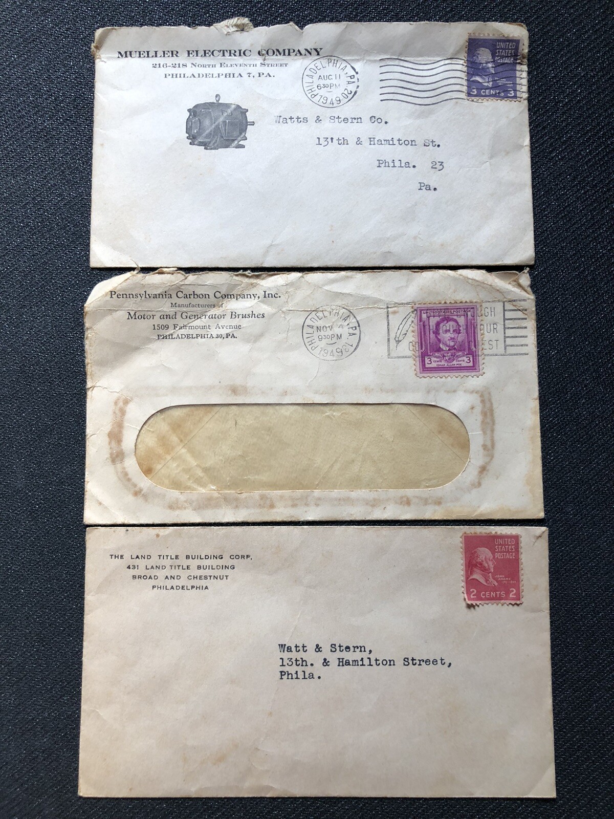 1940s Envelopes W/ Stamps Philadelphia, PA 1949 Stamped Envelopes. No Letters