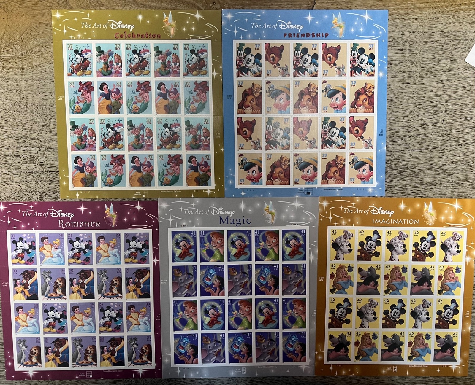 Disney THE ART OF DISNEY Complete Set of 7 Full Sheets of 20 US Stamps 2004-08
