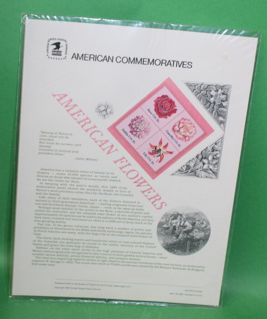 American Commemoratives American Flowers USPS Stamps Panel 140 April 23, 1981