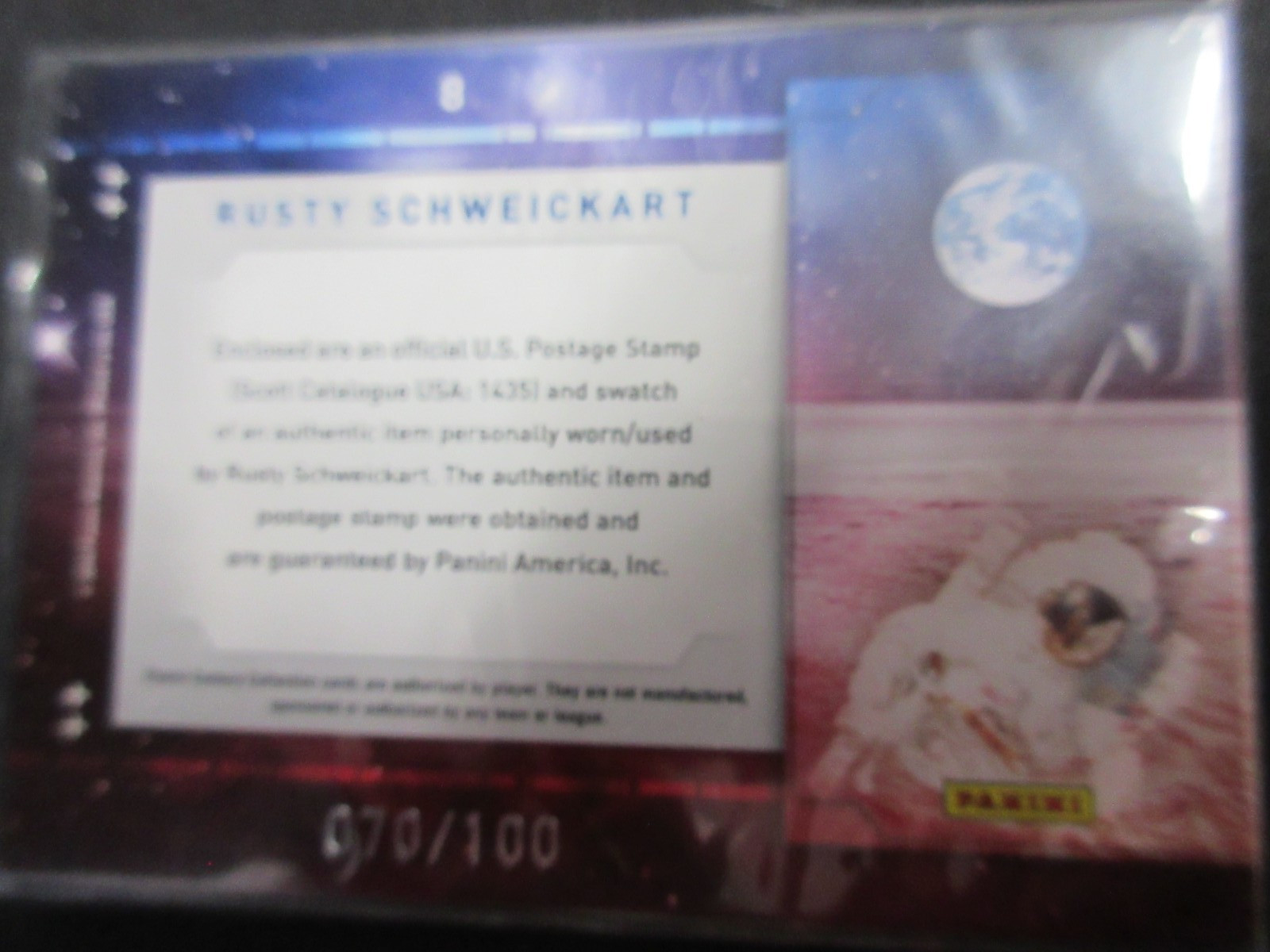 RUSTY SCHWEICKART APOLLO 9 2010 PANINI 8c STAMP & WORN RELIC SWATCH CARD, 70/100