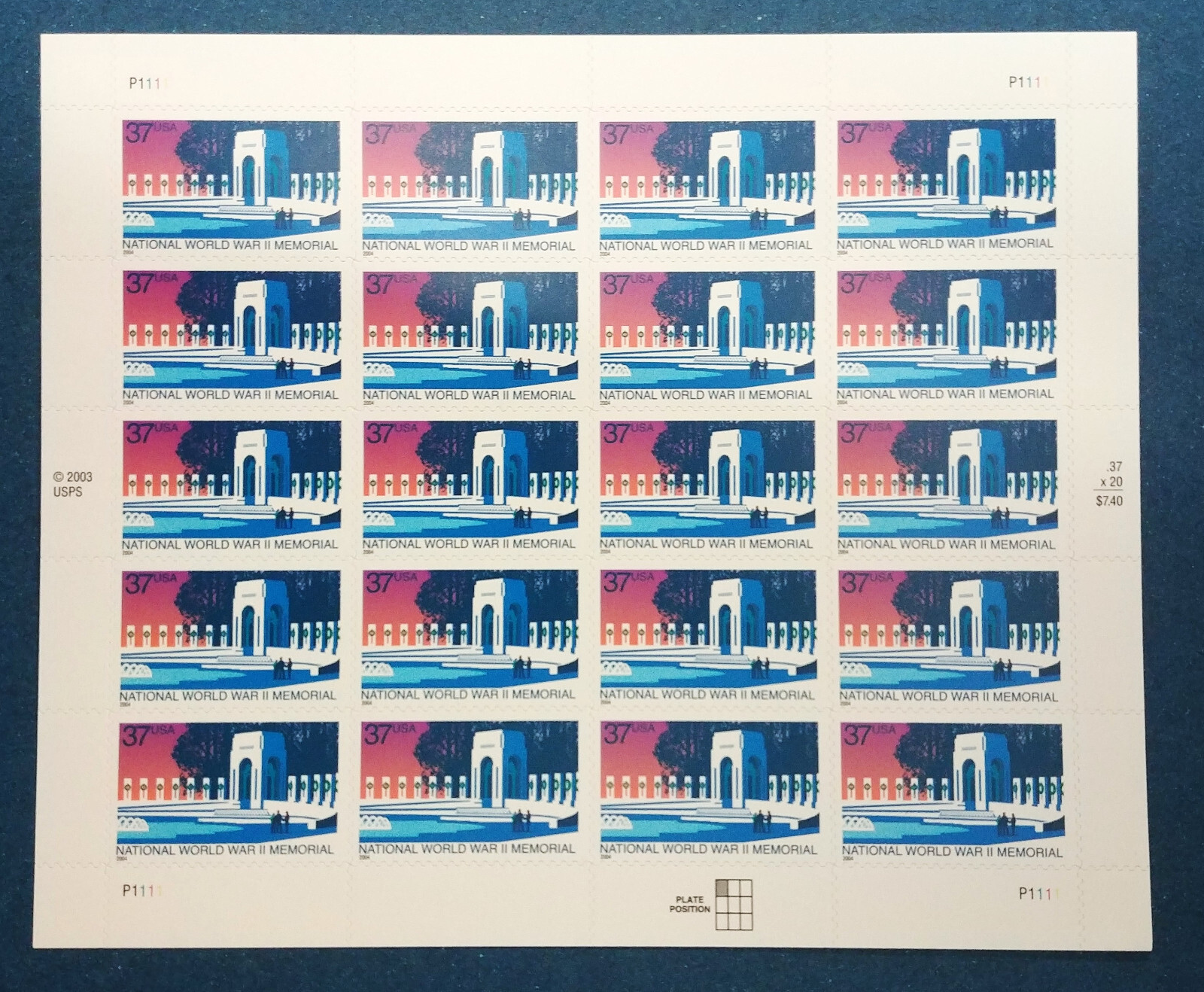 37 cent stamps National World War II Memorial sheet pane of 20 Scott #3862