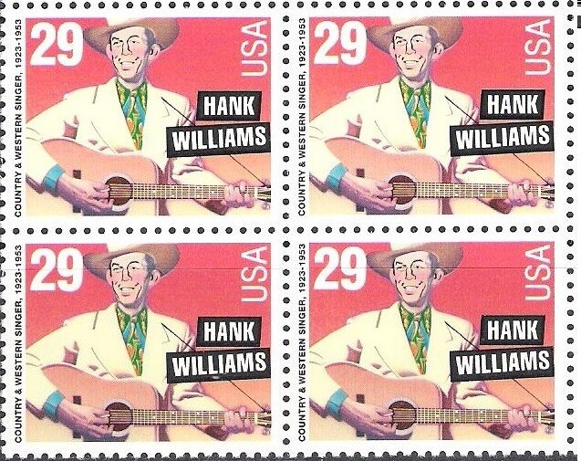 HANK WILLIAMS–Block of 4 Collectible Unused 1993 Stamps–FREE SHIPPING