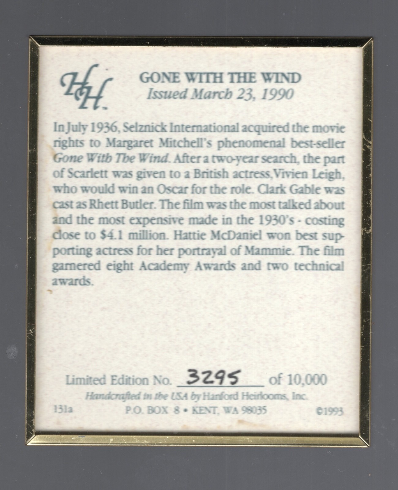 Gone With The Wind Vintage 1990 Framed Limited Edition 25¢ Stamp #3295 Of 5000