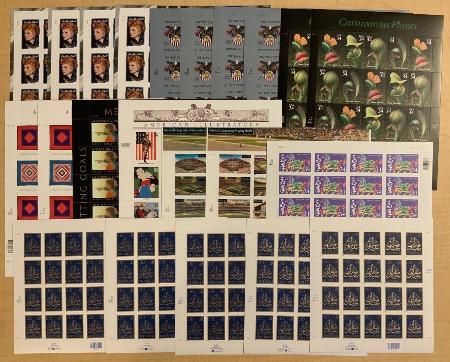 34¢ Highly Discounted Postage Lot In Sheets Face Value $149.60 – Stuart Katz