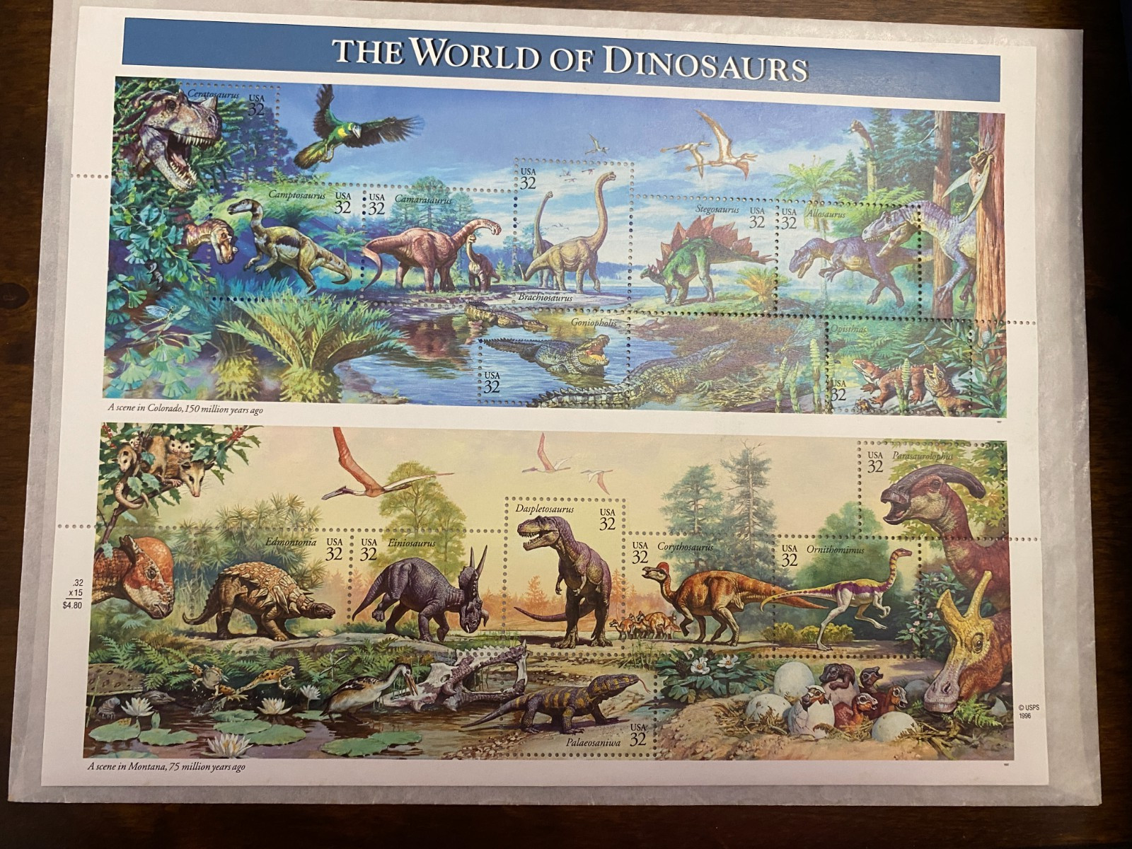 1997 The World of Dinosaurs Scott #3136 Souvenir Sheet 15 32c Stamps MNH