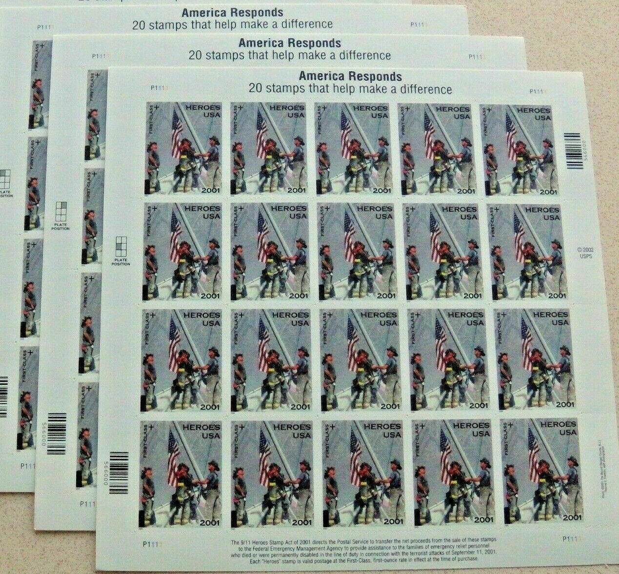 3 Sheets x 20 = 60 AMERICA RESPONDS. The 9/11 Heroes Stamp Act of 2001 US Sc# B2