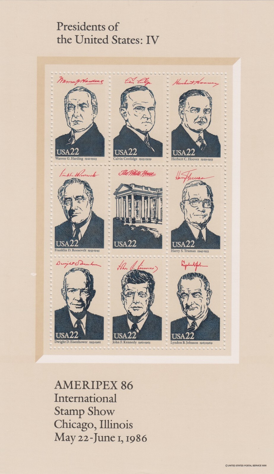 Presidents of the United States Ameripex 86 Presidential Mint Set Postage Stamps