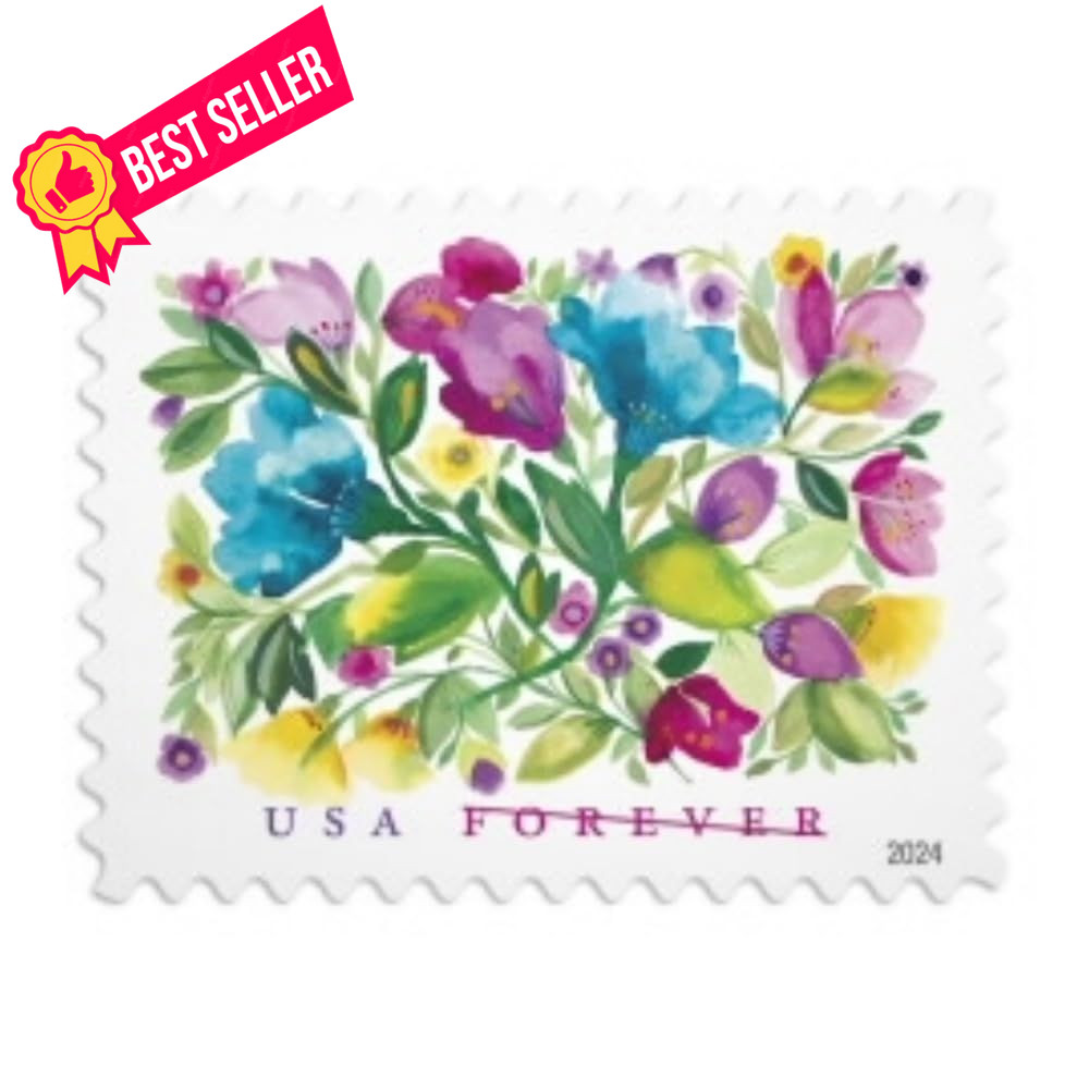 United States Postal 20 Stamps, red, yellow, purple, pink, green, blue