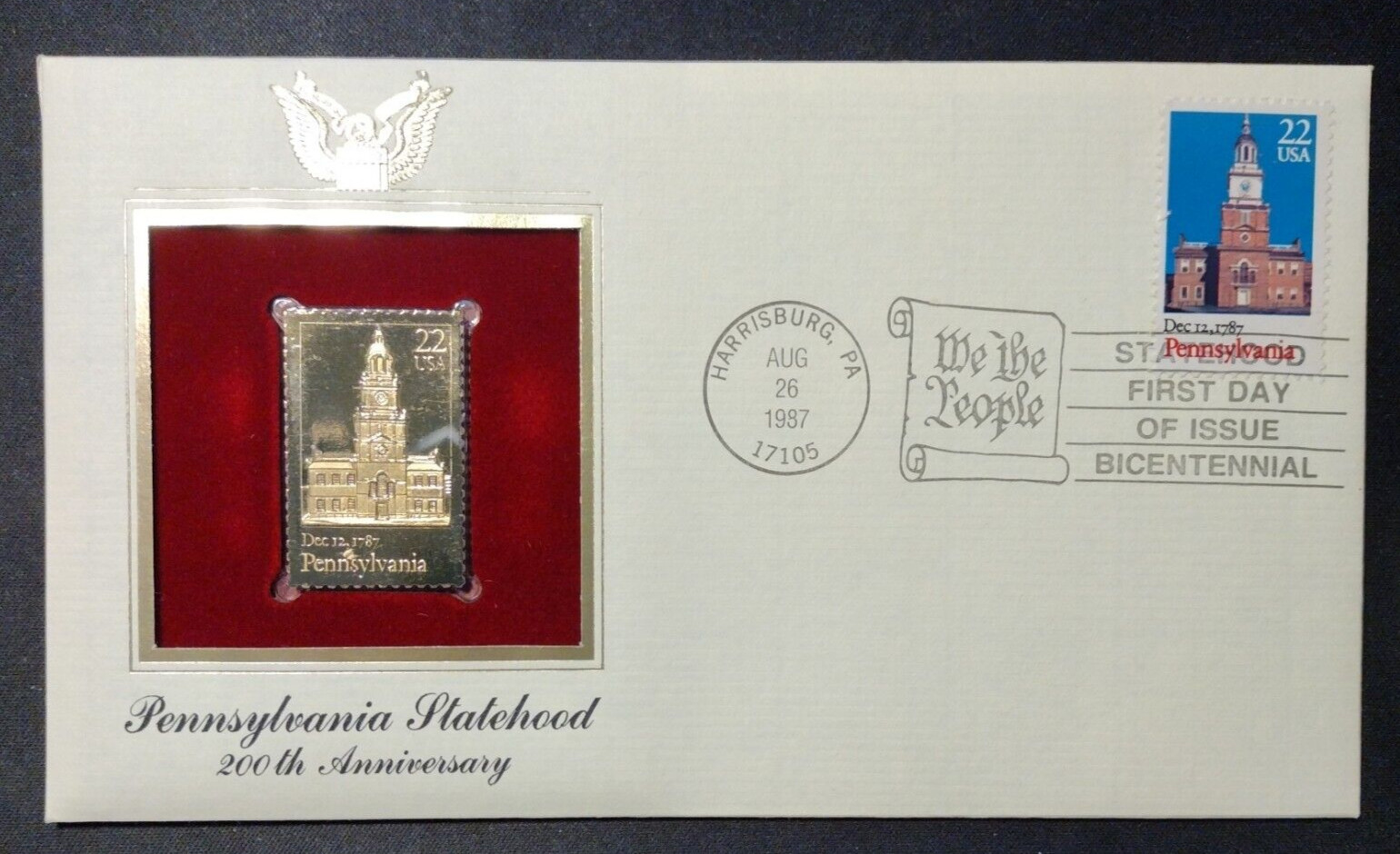 Pennsylvania Statehood 1987 22 CENT STAMP FIRST DAY ISSUE GOLD 200th Anniversary