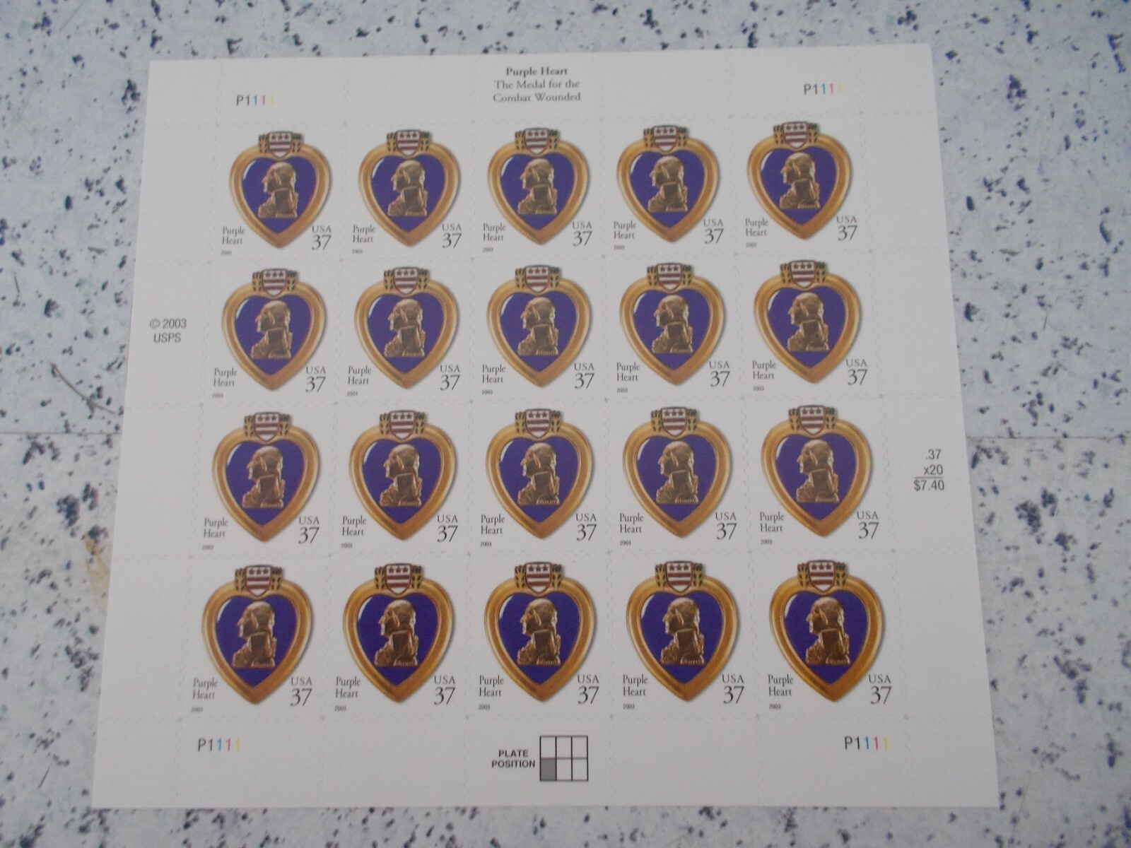 #3784 PURPLE HEART Sheet of 20 37 CENT STAMPS 2003 MNH Free Shipping