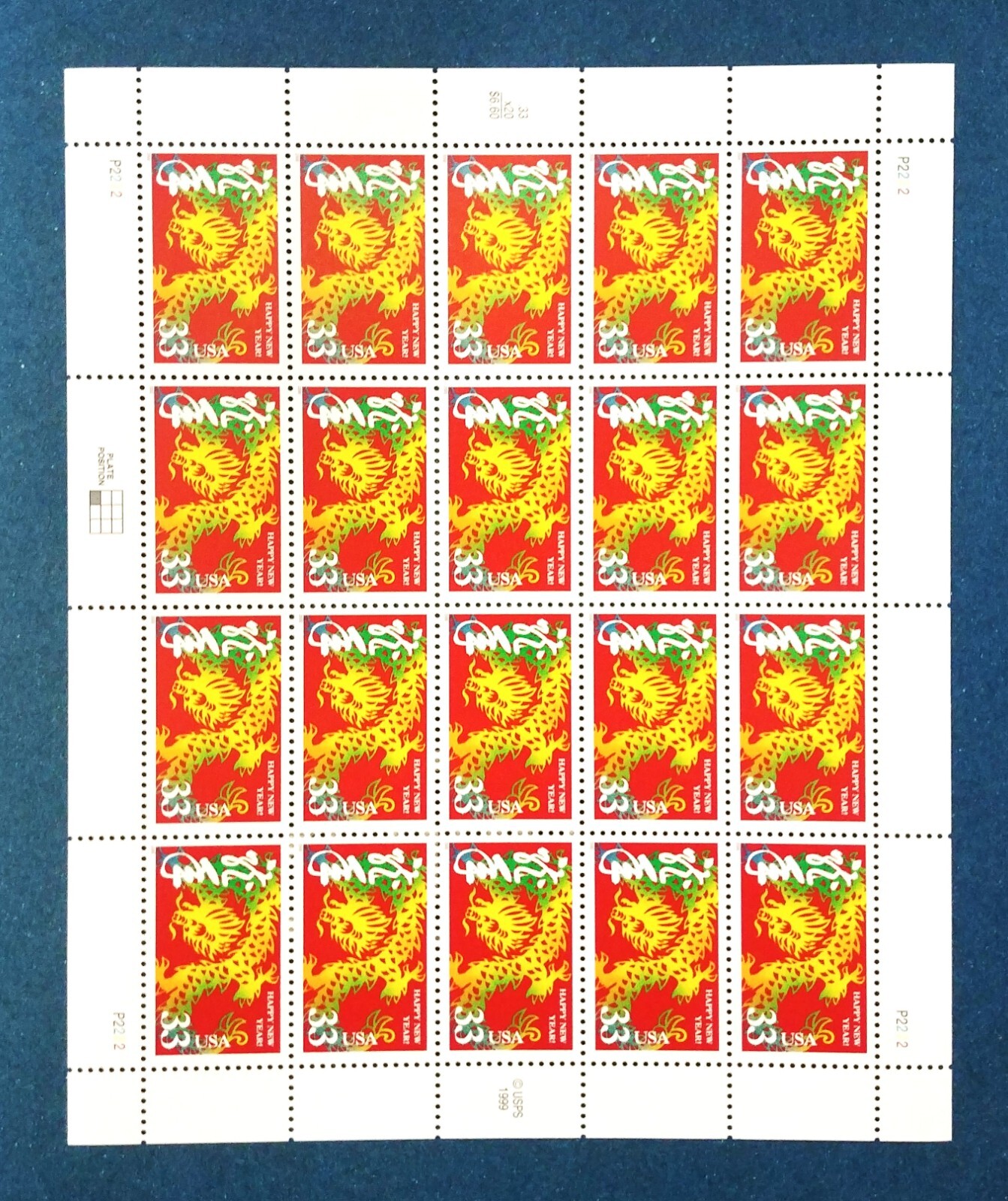 33 cent stamps Happy New Year sheet pane of 20 Year of the Dragon Chinese Lunar
