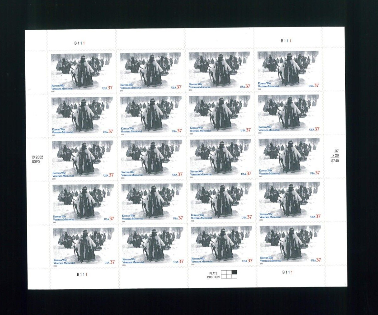 United States 37¢ Korean War Veteran Memorial Postage Stamp #3803 MNH Full Sheet