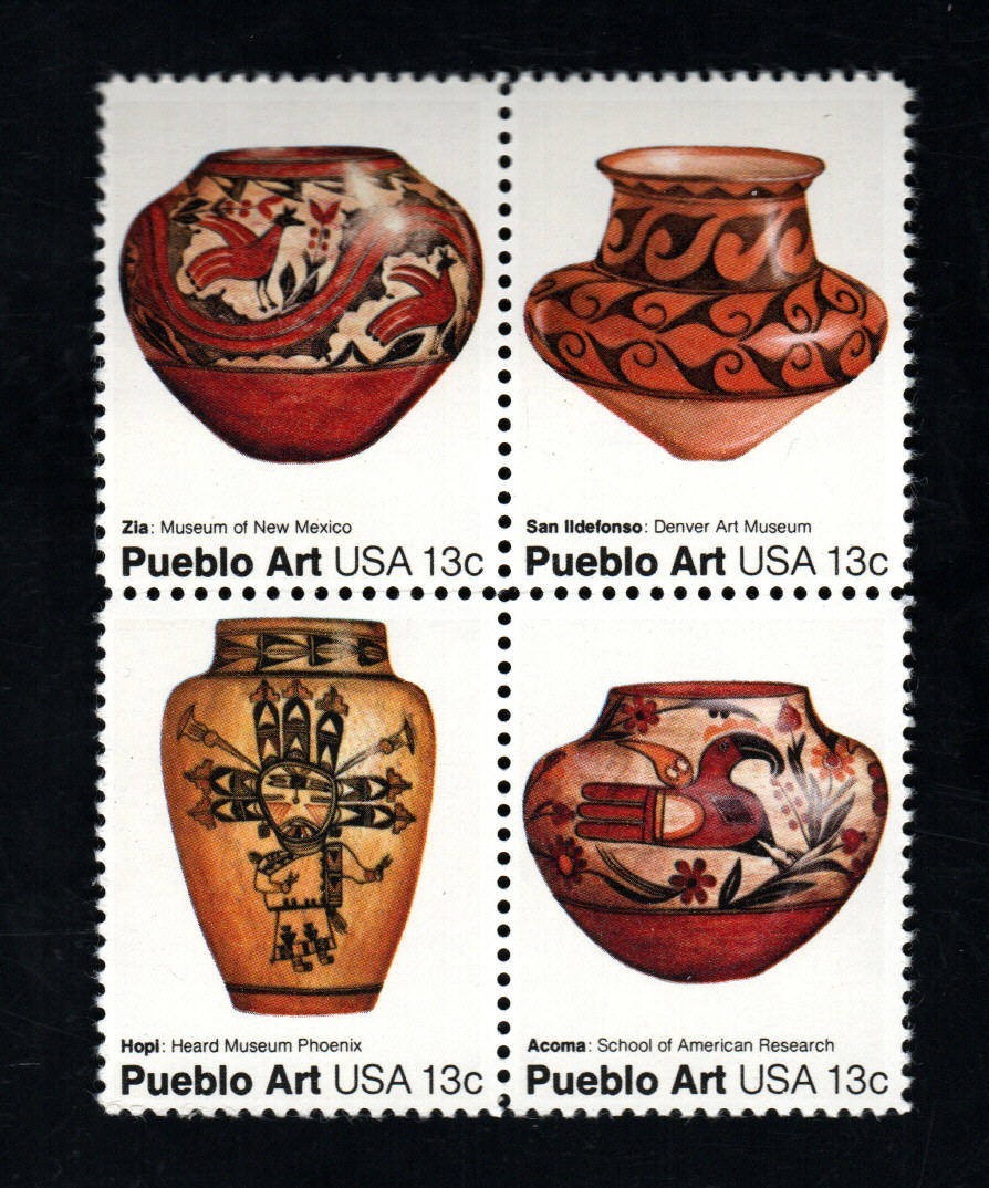 US Stamps – Pueblo Art – 13 cent Block of 4 (SC# 1706-1709) MNH