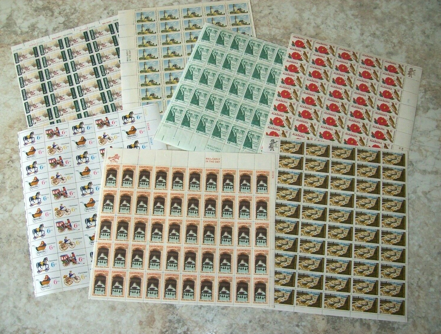 Estate find. Postage Stamps Full Sheets, Lot of 7, Denominations 6 cents