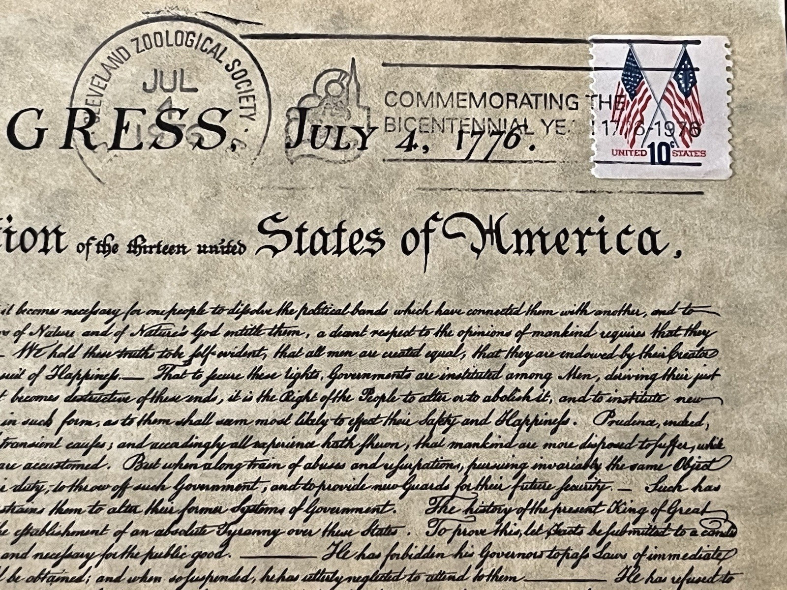 Declaration of Independence postally canceled 4 July 1976 Cleveland Zoological