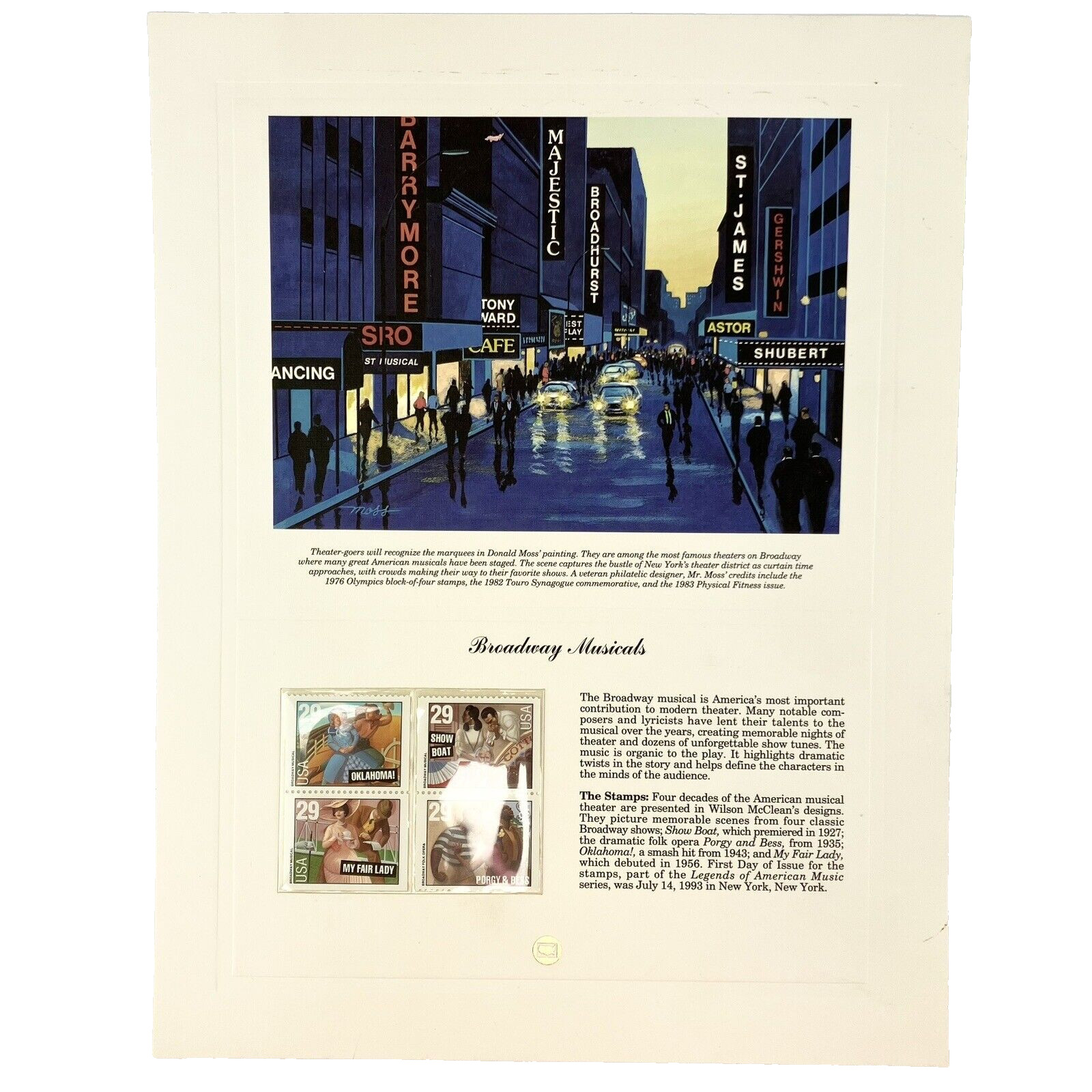 Donald Moss Broadway Musicals Postage Stamp Art USPS Farmable Gift 1993 Damaged