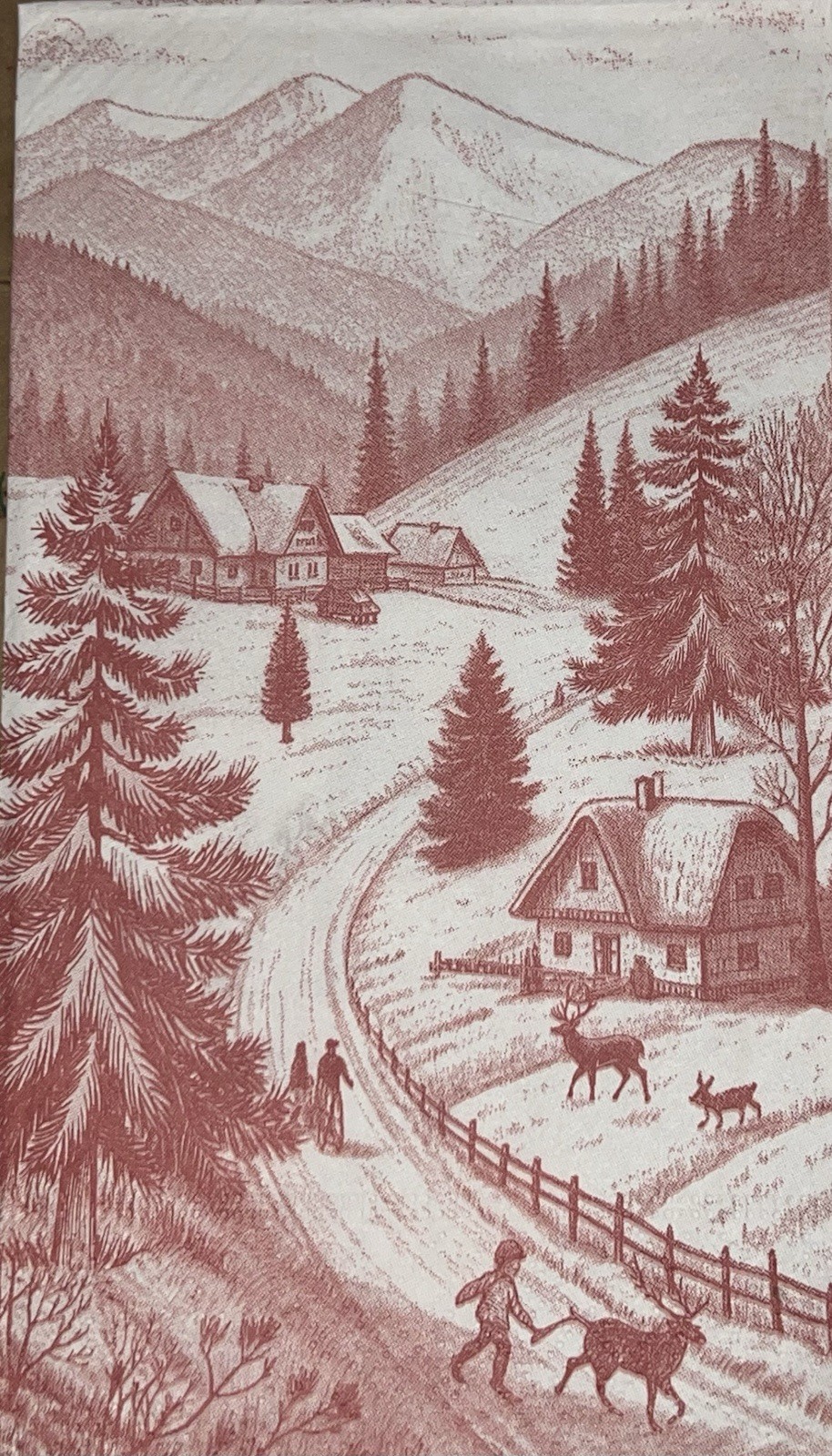Three Individual paper dinner Decoupage Napkins Red White Countryside Toile Tree