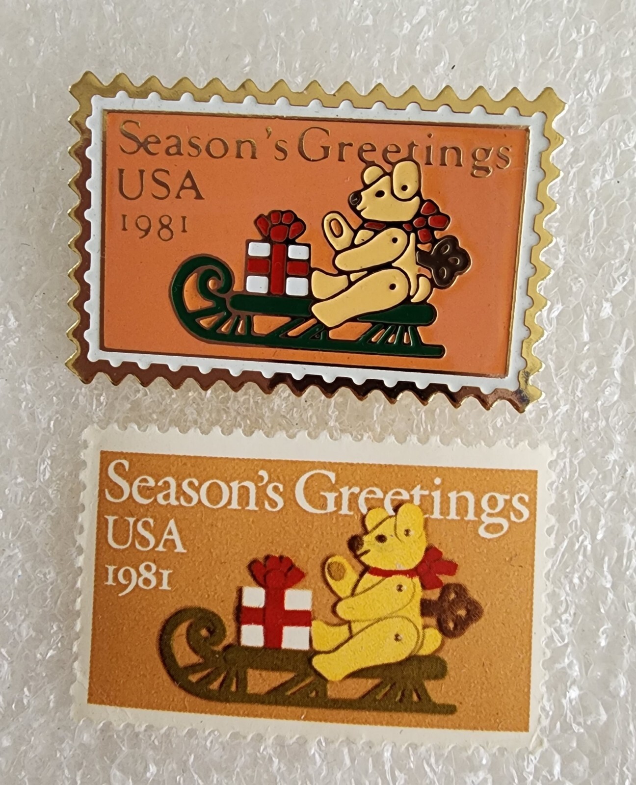 Jayne Co. 1981 Season’s Greeting Postage Stamp Pin + matching stamp~ Free Shpg!