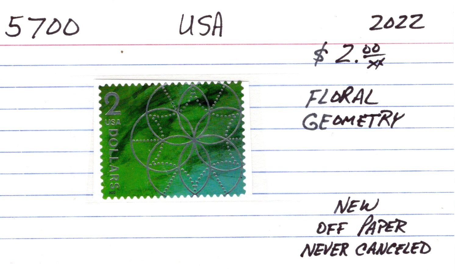 USA Stamp 2022 $2.00 Postage Stamp SC 5700 New, Off Paper Floral Geometry
