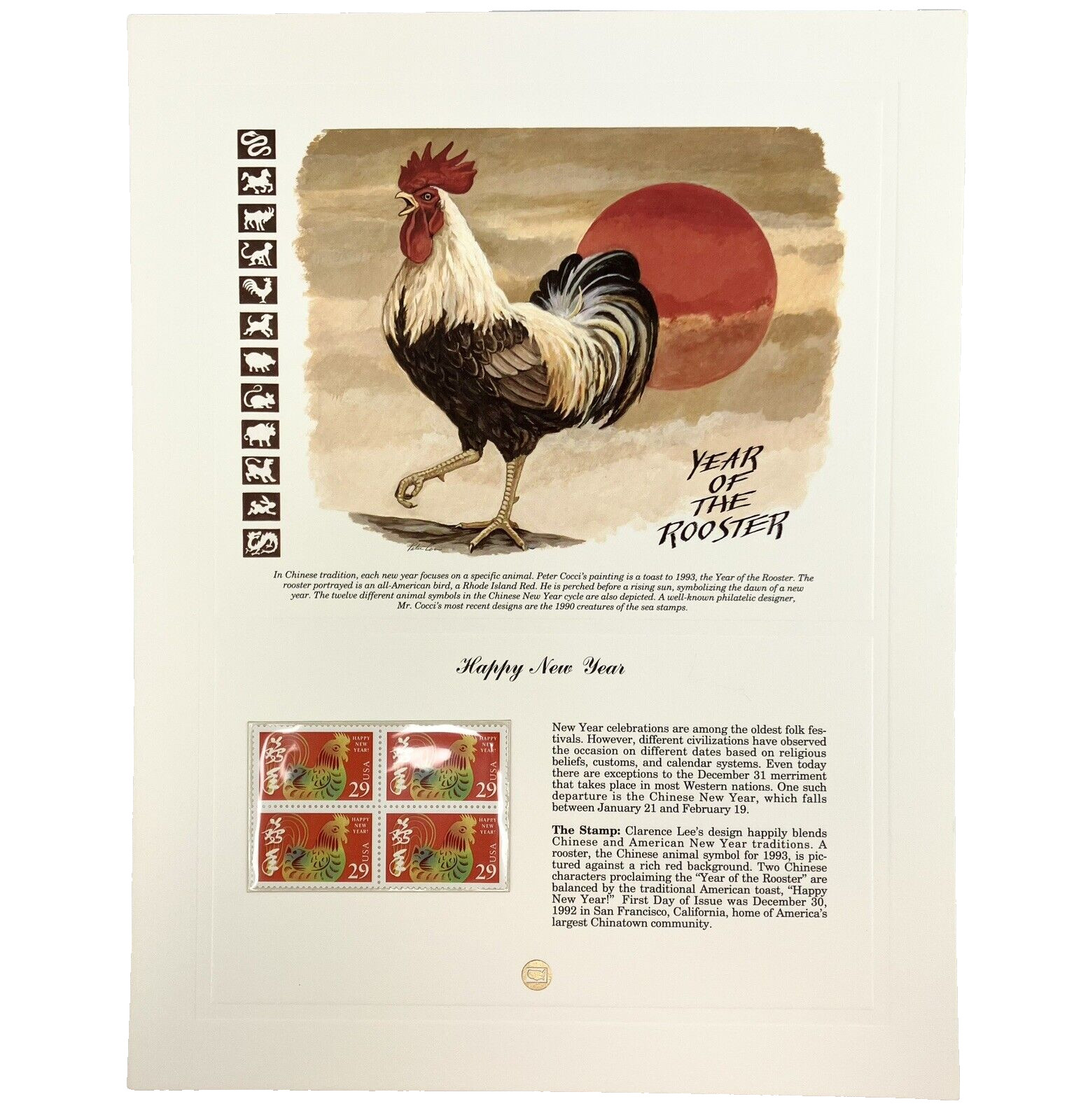 Peter Cocci Chinese New Year Rooster Postage Stamp Art USPS Farmable Gift 1992