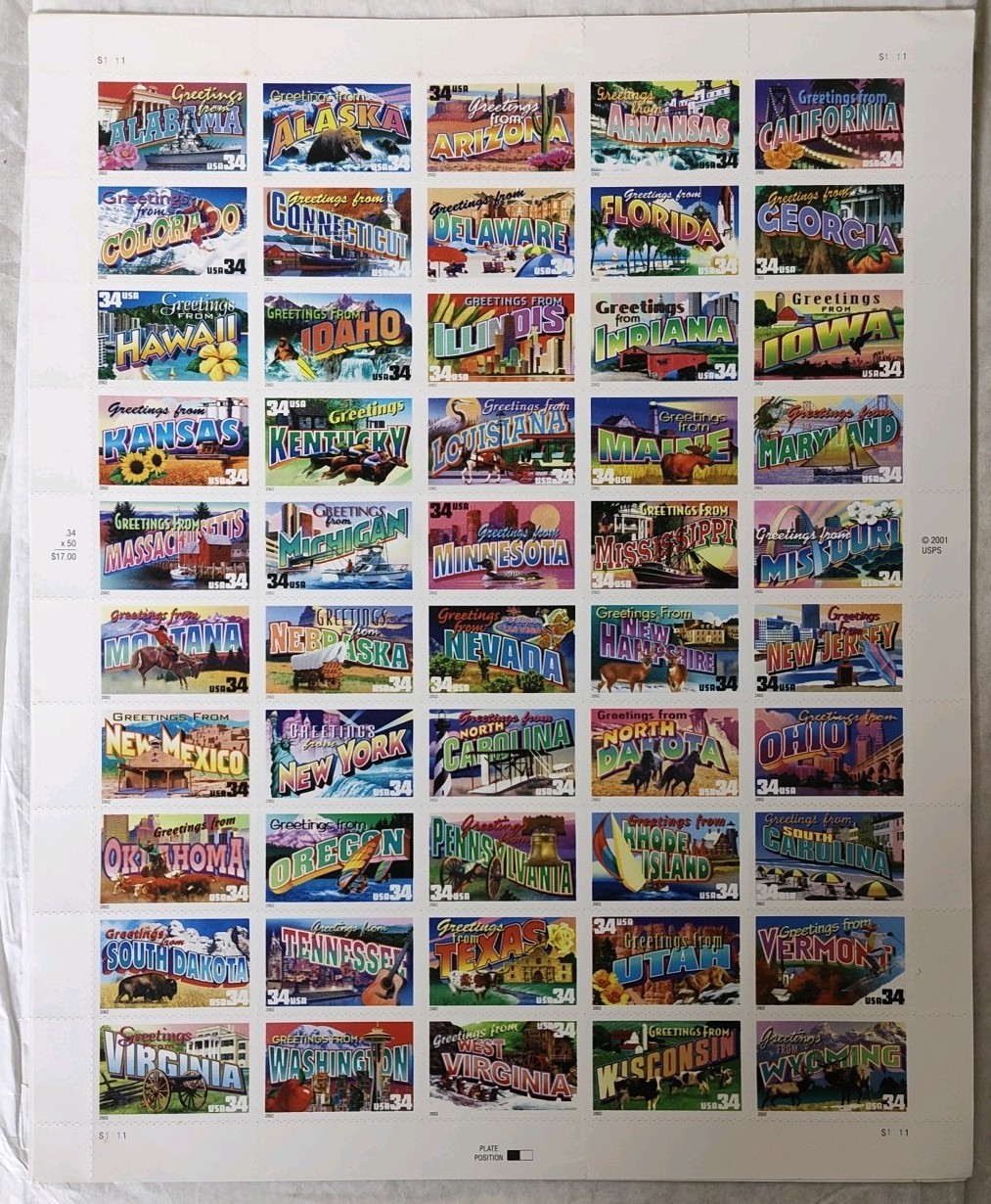 US Postage Stamps Greetings From America 34 Cent Sheet of 50 Collectible Wel