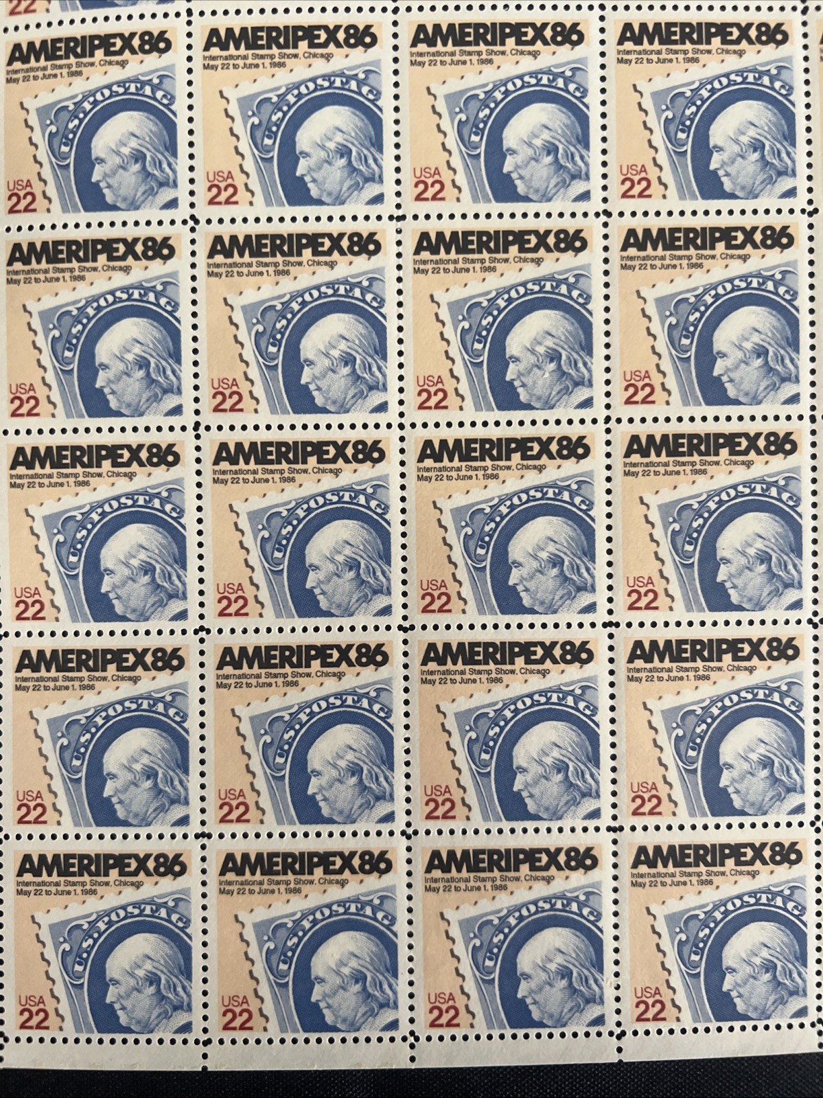 US SCOTT 2145 SHEET OF 48 AMERIPEX 86 CHICAGO STAMP SHOW STAMPS 22 CENT FACE MNH