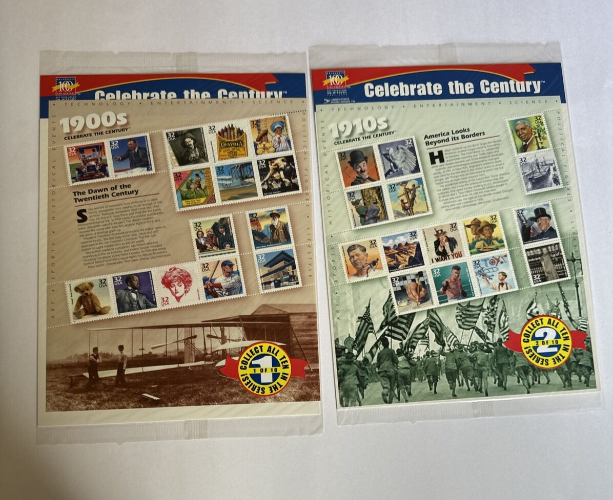 Celebrate the Century USPS Stamps 1900s-1990s In Binder USPS 10 Page Set