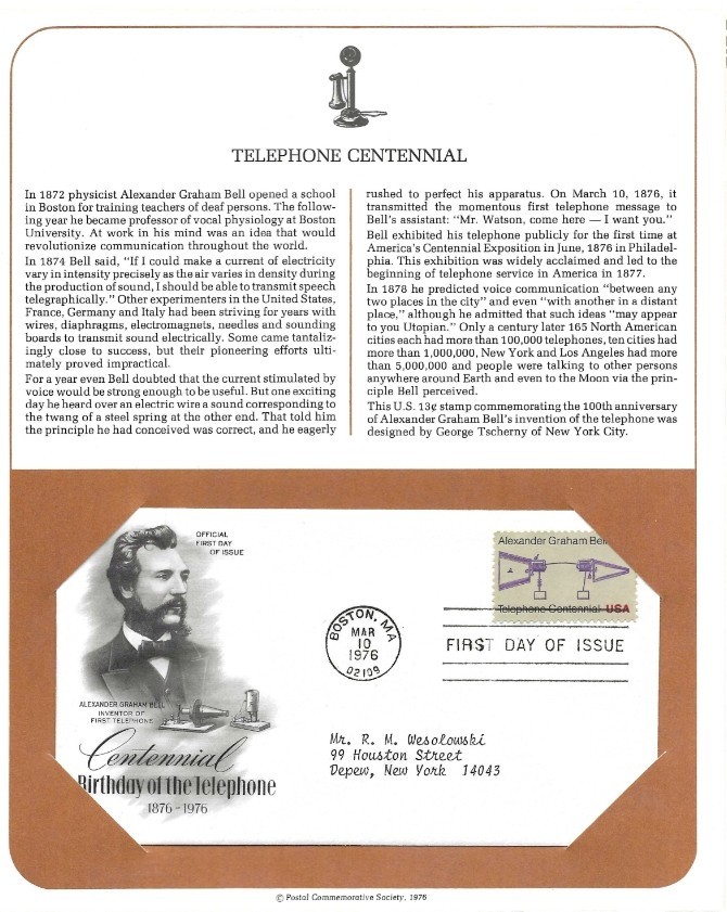 First Day Stamp Issue Telephone Centenni Scott 1683 Postal Commemorative Society
