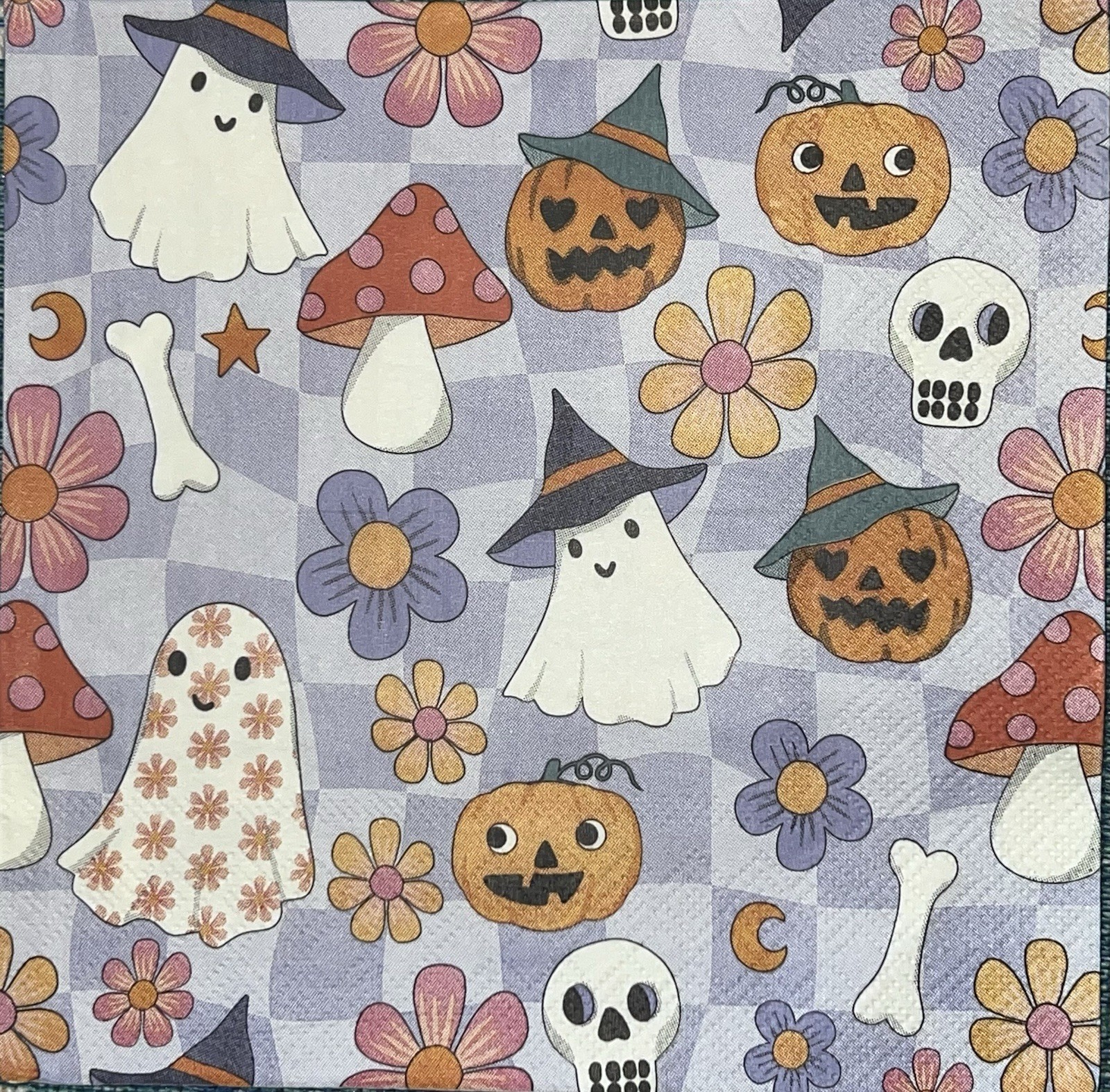TWO Individual Lunch Napkins Decoupage Halloween Pumpkins Ghosts Fall- Flowers